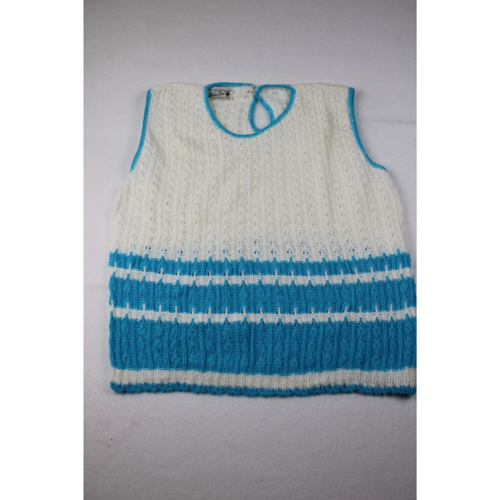 Vintage Helen Sue Sleeveless Knit Sweater White & Blue Stripes Acrylic USA Made
