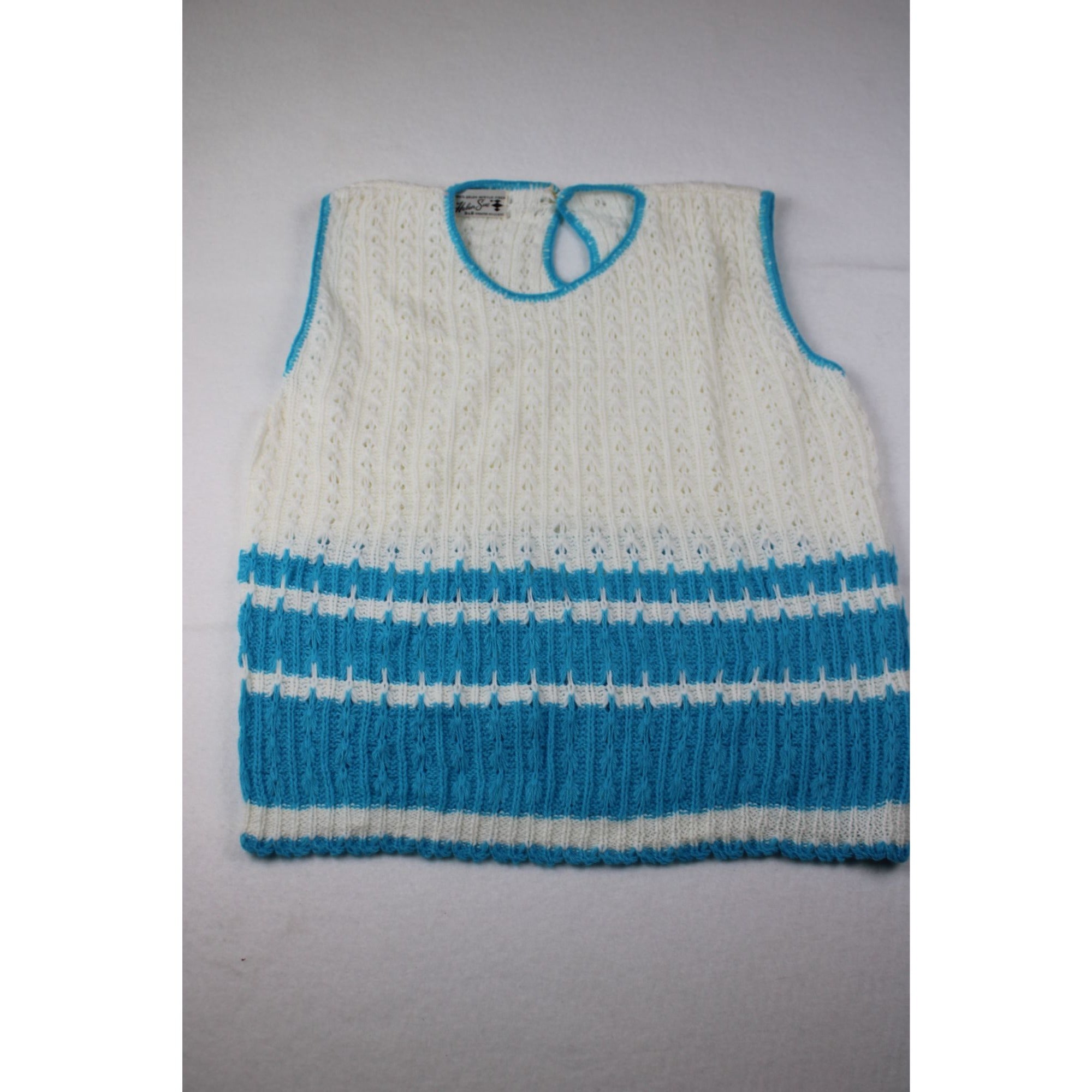 Vintage Helen Sue Sleeveless Knit Sweater White & Blue Stripes Acrylic USA Made