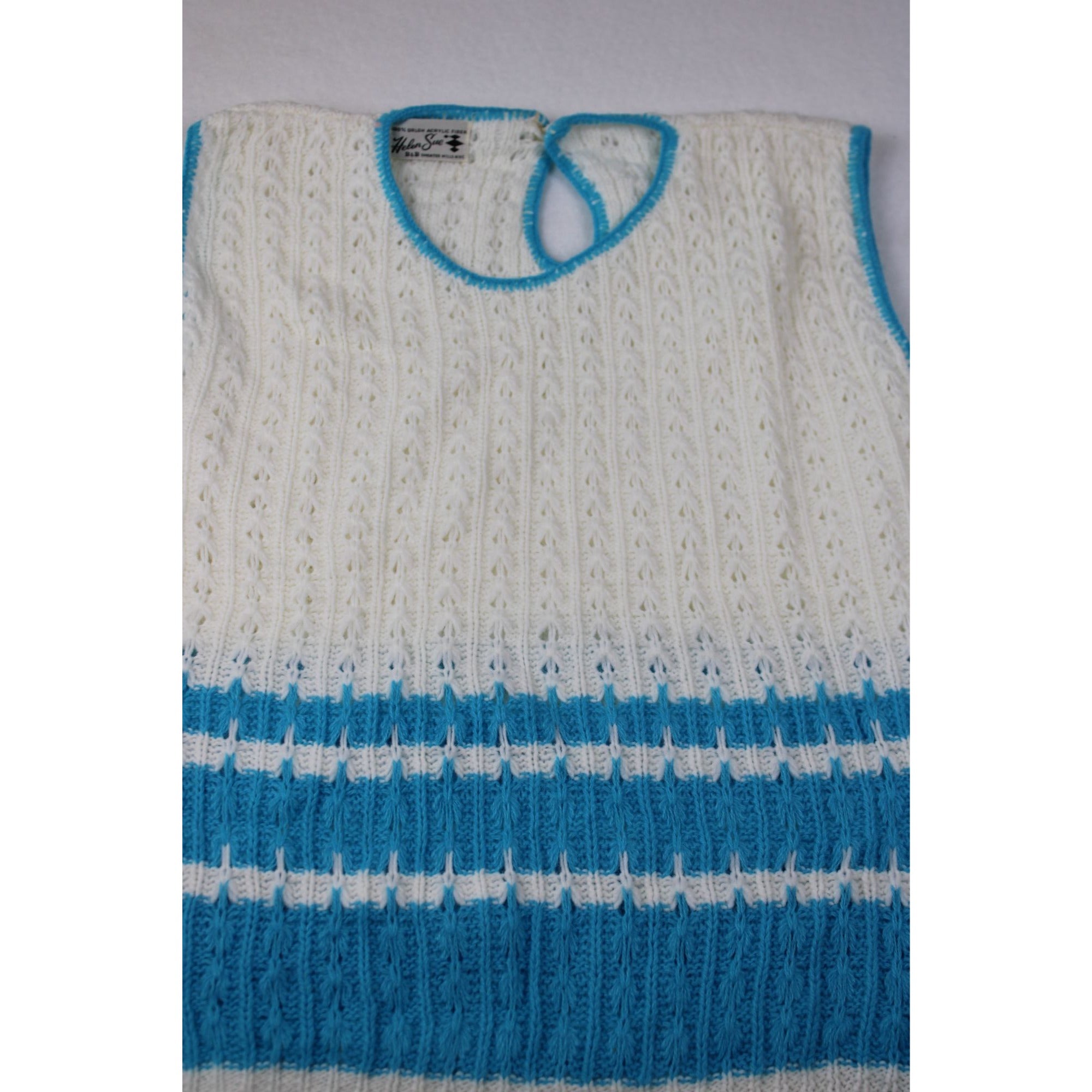 Vintage Helen Sue Sleeveless Knit Sweater White & Blue Stripes Acrylic USA Made