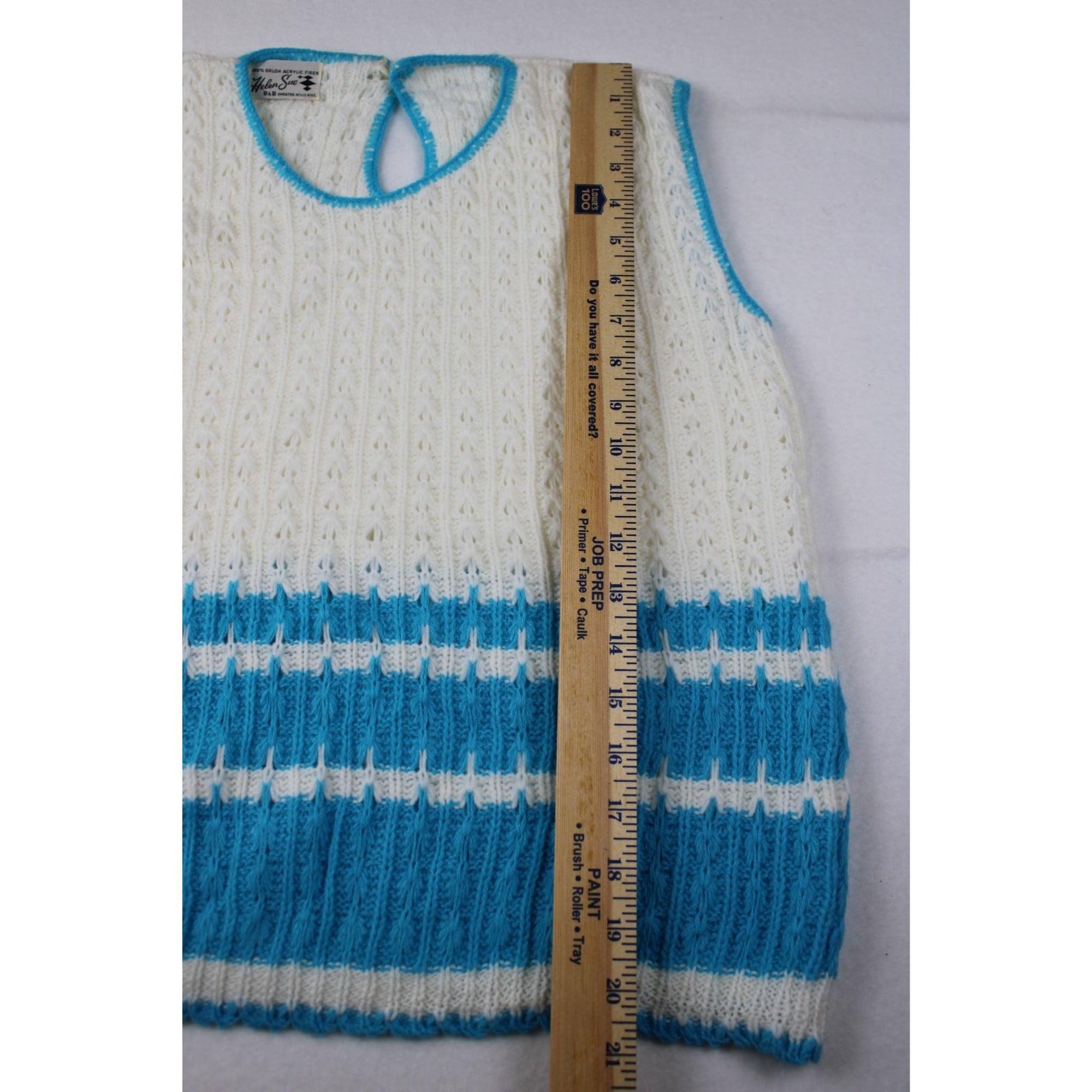 Vintage Helen Sue Sleeveless Knit Sweater White & Blue Stripes Acrylic USA Made