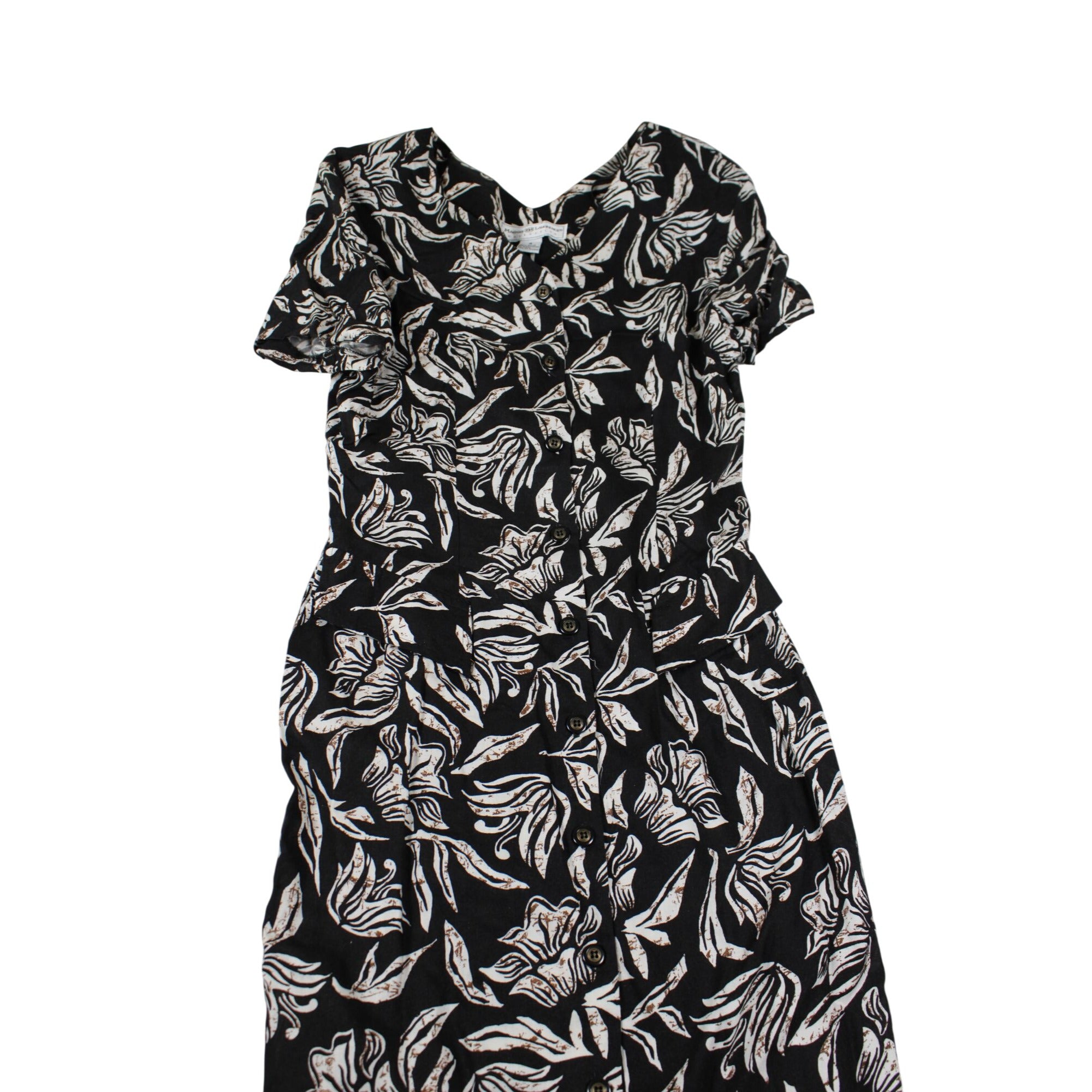 Maggie Lawrence Black & White Tropical Floral Button Down Midi Dress