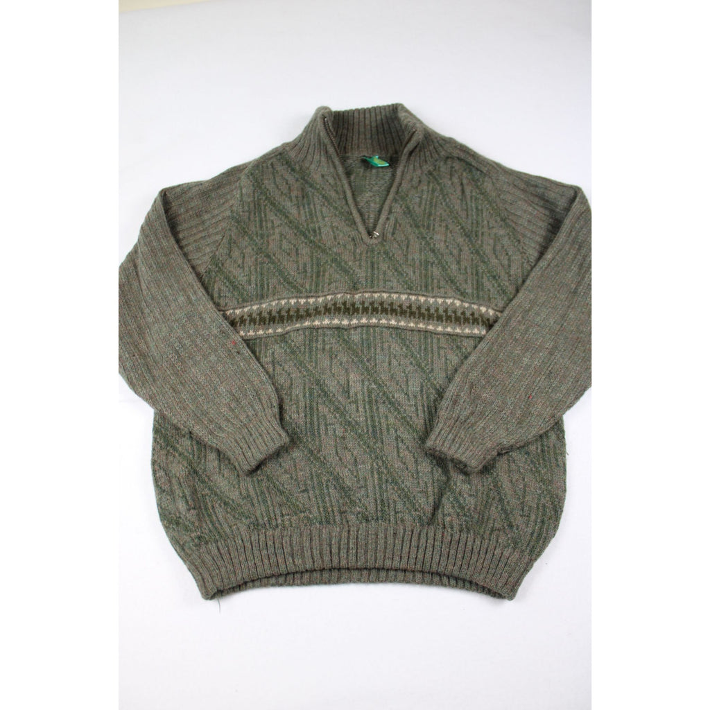 Sidrils Peruvian Alpaca Mens Green Pullover Sweater 1/4 Zip Geometric Knit Pattern M