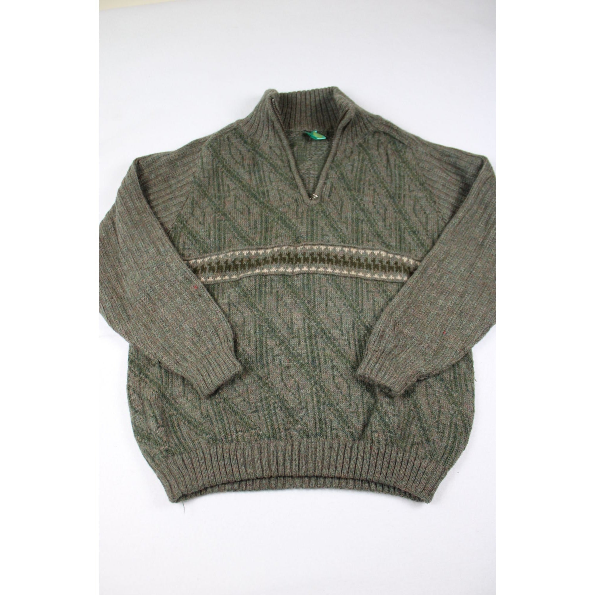 Sidrils Peruvian Alpaca Mens Green Pullover Sweater 1/4 Zip Geometric Knit Pattern M