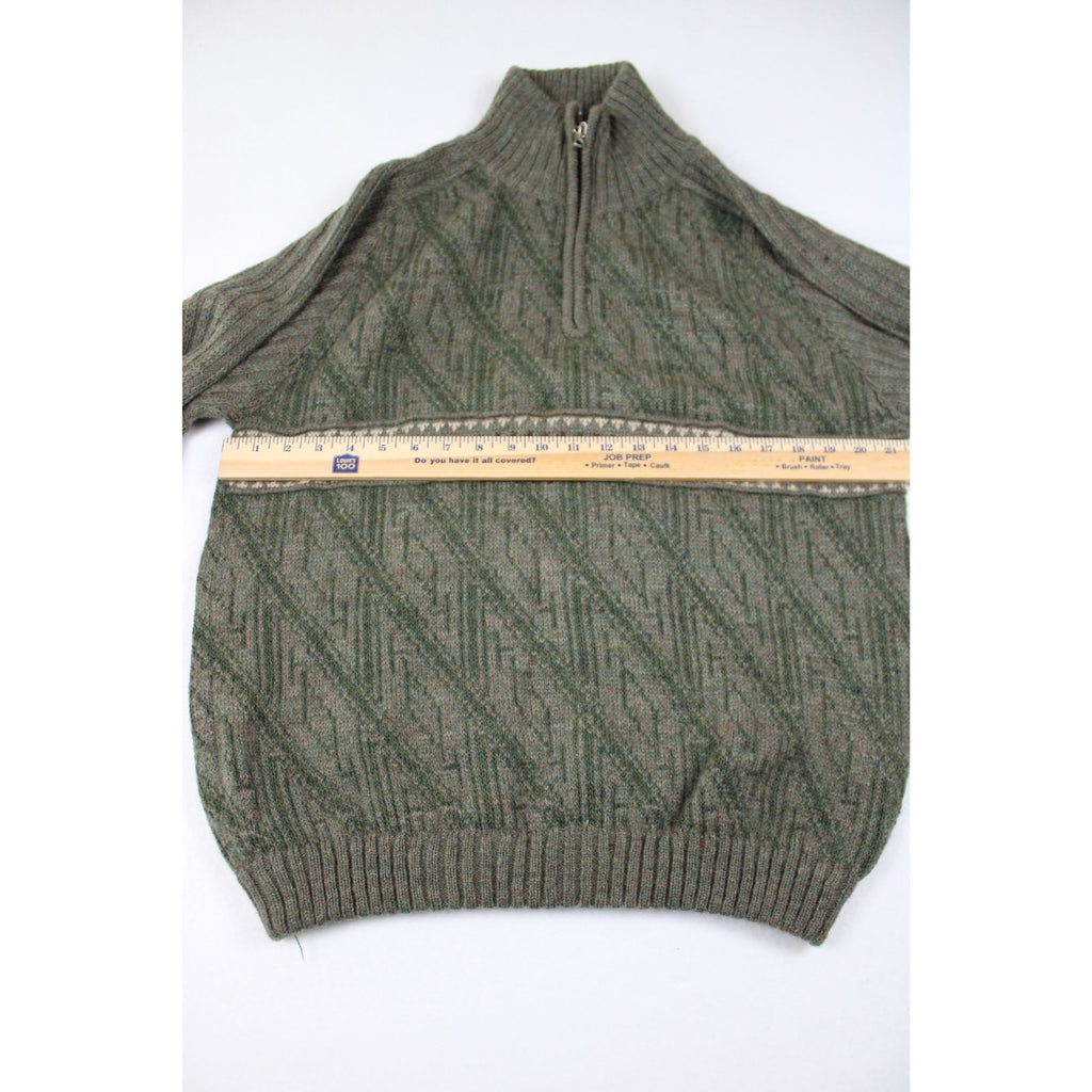 Sidrils Peruvian Alpaca Mens Green Pullover Sweater 1/4 Zip Geometric Knit Pattern M