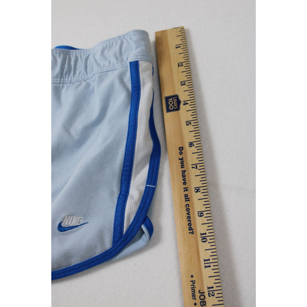 Nike Womens Light Blue Running Shorts With Blue Trim Elastic Waist And Drawstring Size M