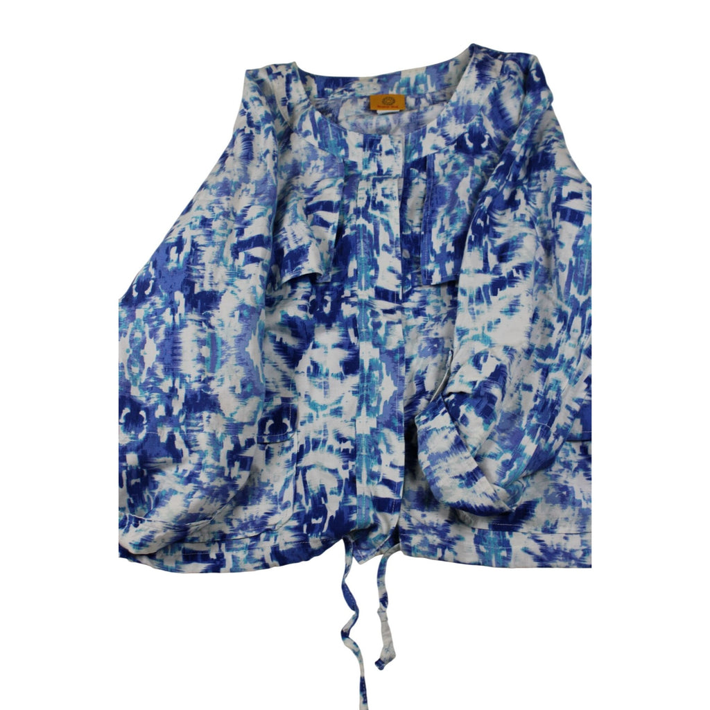 Ruby Rd. Womens Blue & White Abstract Print Linen Blend Drawstring Blouse Size 18