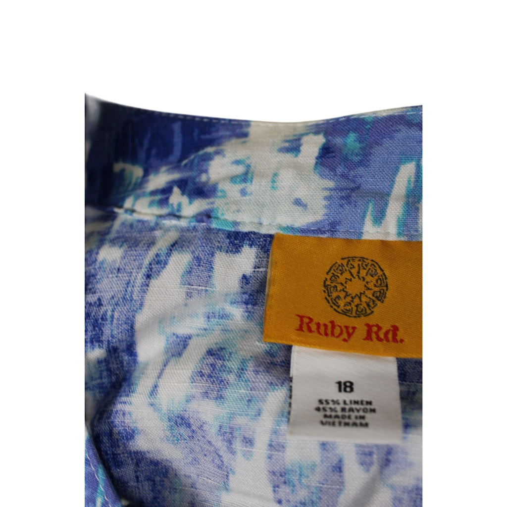 Ruby Rd. Womens Blue & White Abstract Print Linen Blend Drawstring Blouse Size 18