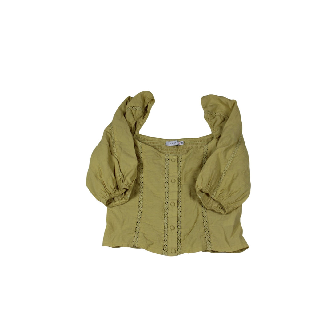 Lush Yellow Peasant Style Button-Up Top With Puff Sleeves & Lace Accents Size Medium