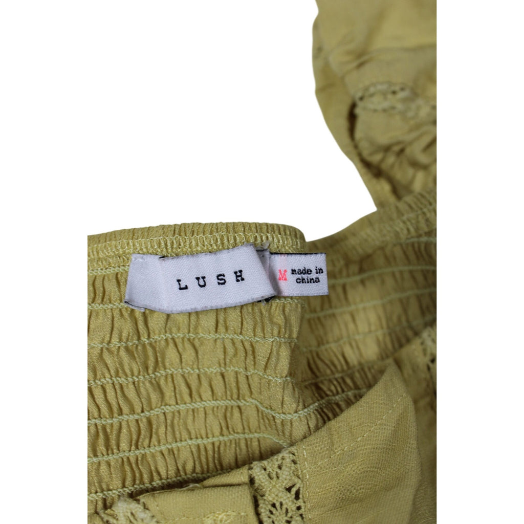 Lush Yellow Peasant Style Button-Up Top With Puff Sleeves & Lace Accents Size Medium