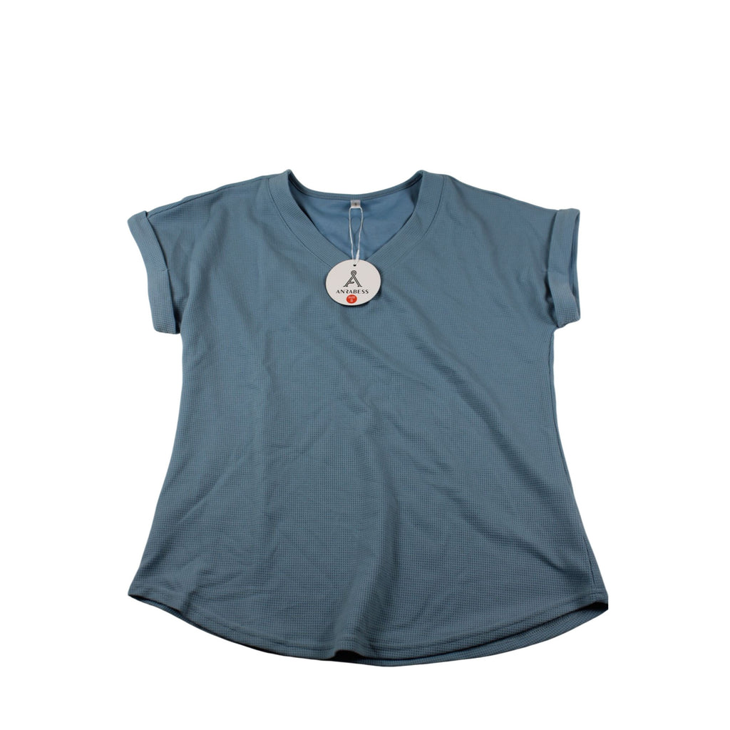NWT AnaBess Blue V-Neck Short Sleeve Waffle Knit Top Size S