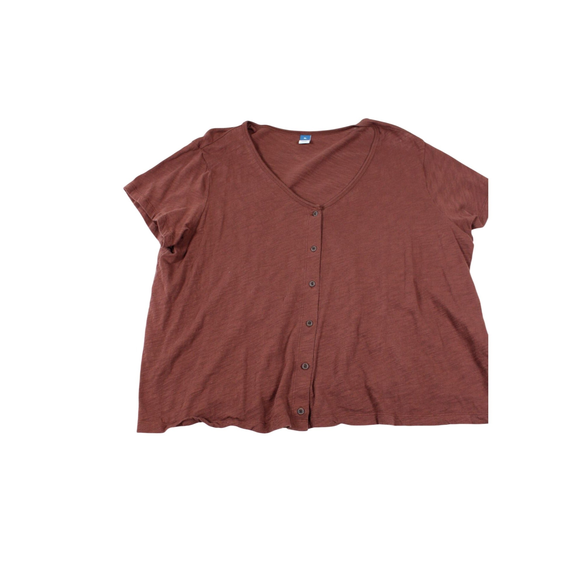 Button-Front Brown V-Neck Short Sleeve Top XL