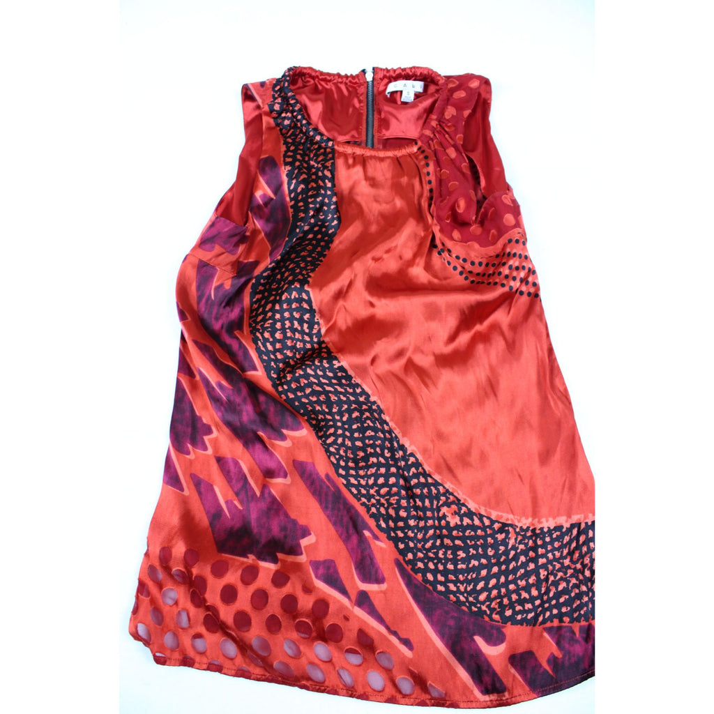 Cabi Red & Black Abstract Sleeveless Blouse With Back Zipper Small