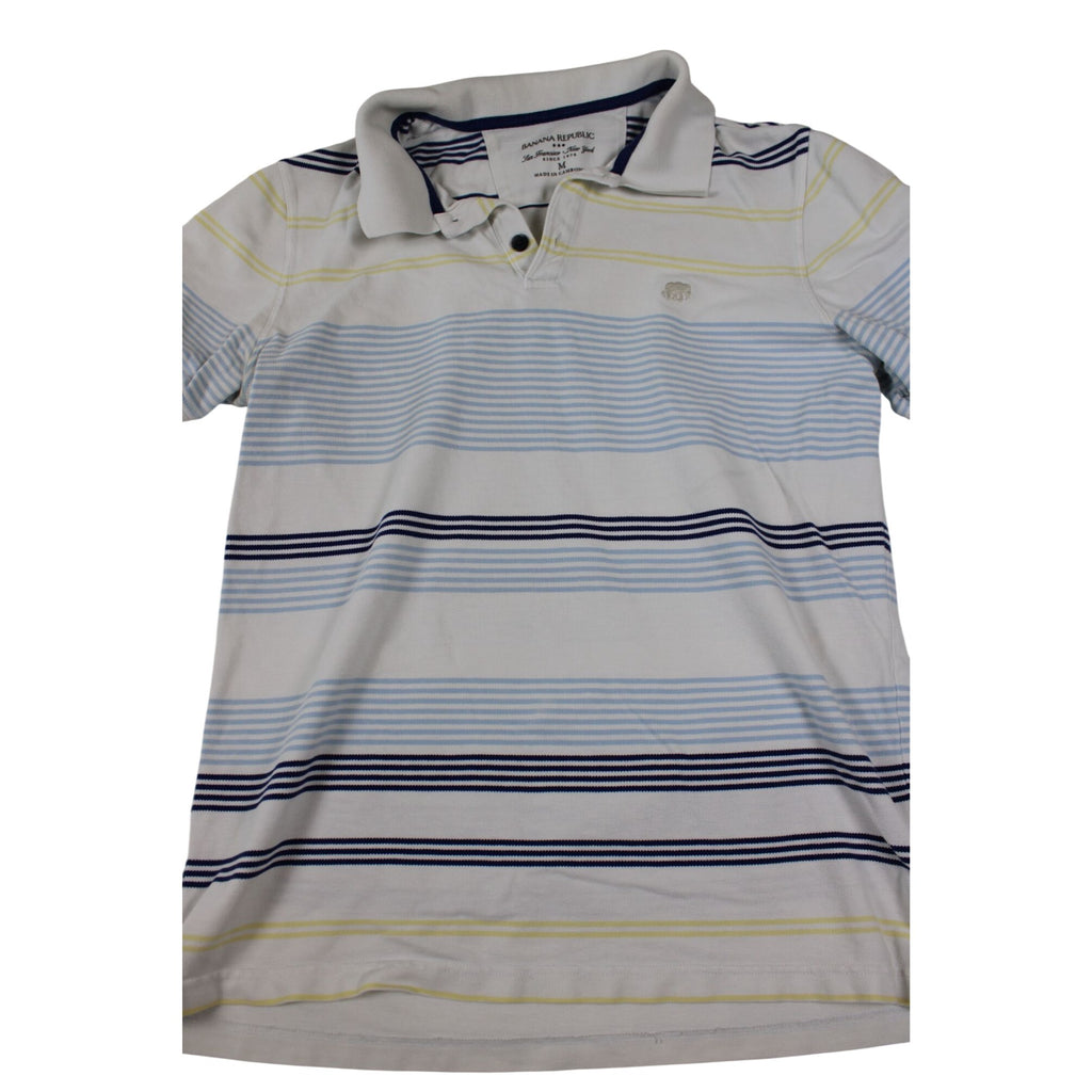 Banana Republic Mens Striped Polo Shirt White Blue Yellow Short Sleeve M