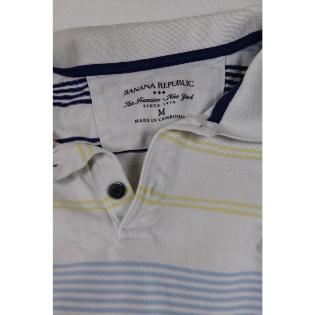 Banana Republic Mens Striped Polo Shirt White Blue Yellow Short Sleeve M