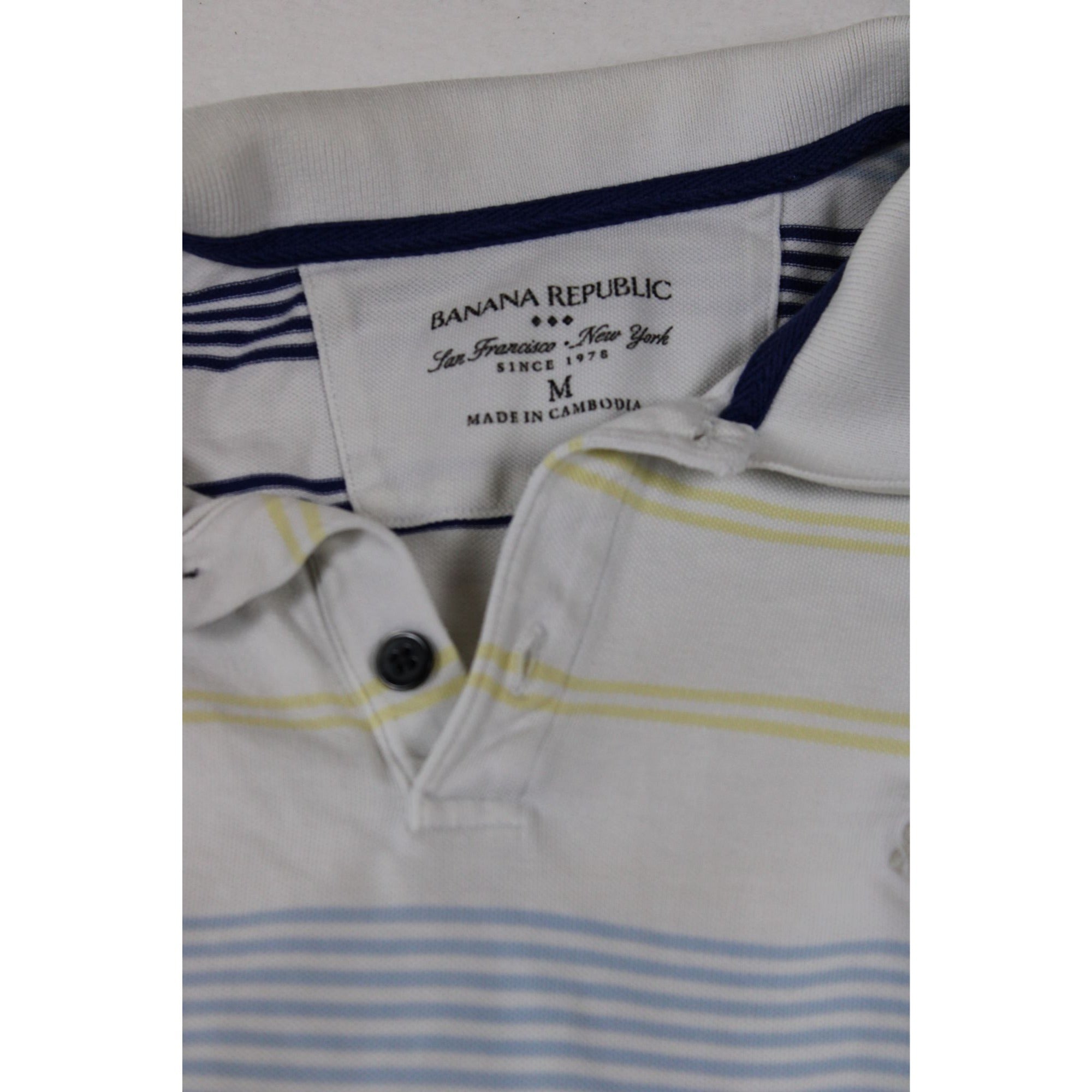 Banana Republic Mens Striped Polo Shirt White Blue Yellow Short Sleeve M