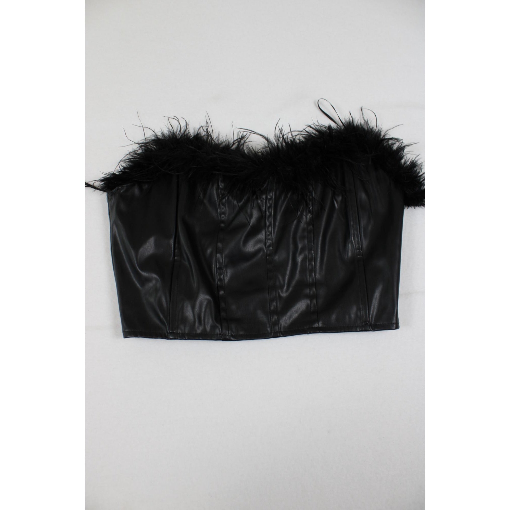 Black Faux Leather Feather Trim Strapless Corset Top Size M