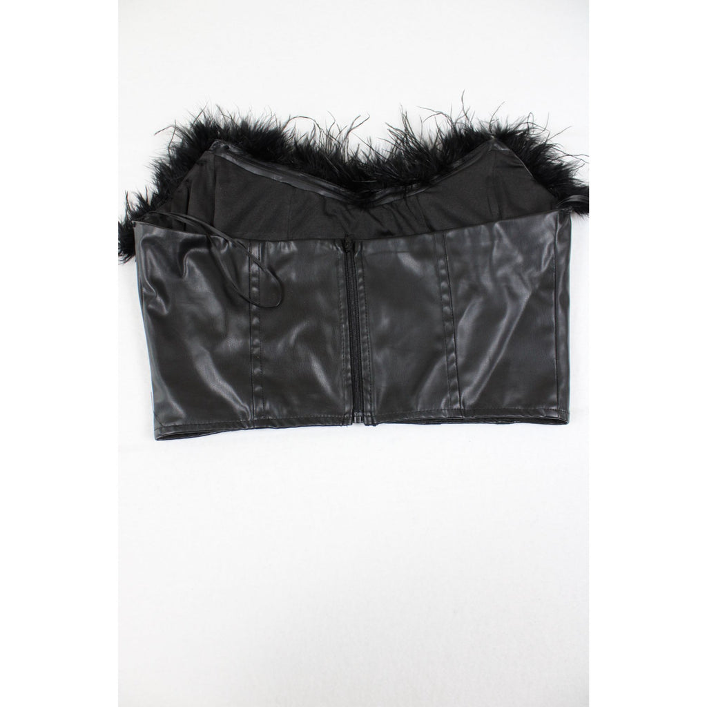 Black Faux Leather Feather Trim Strapless Corset Top Size M