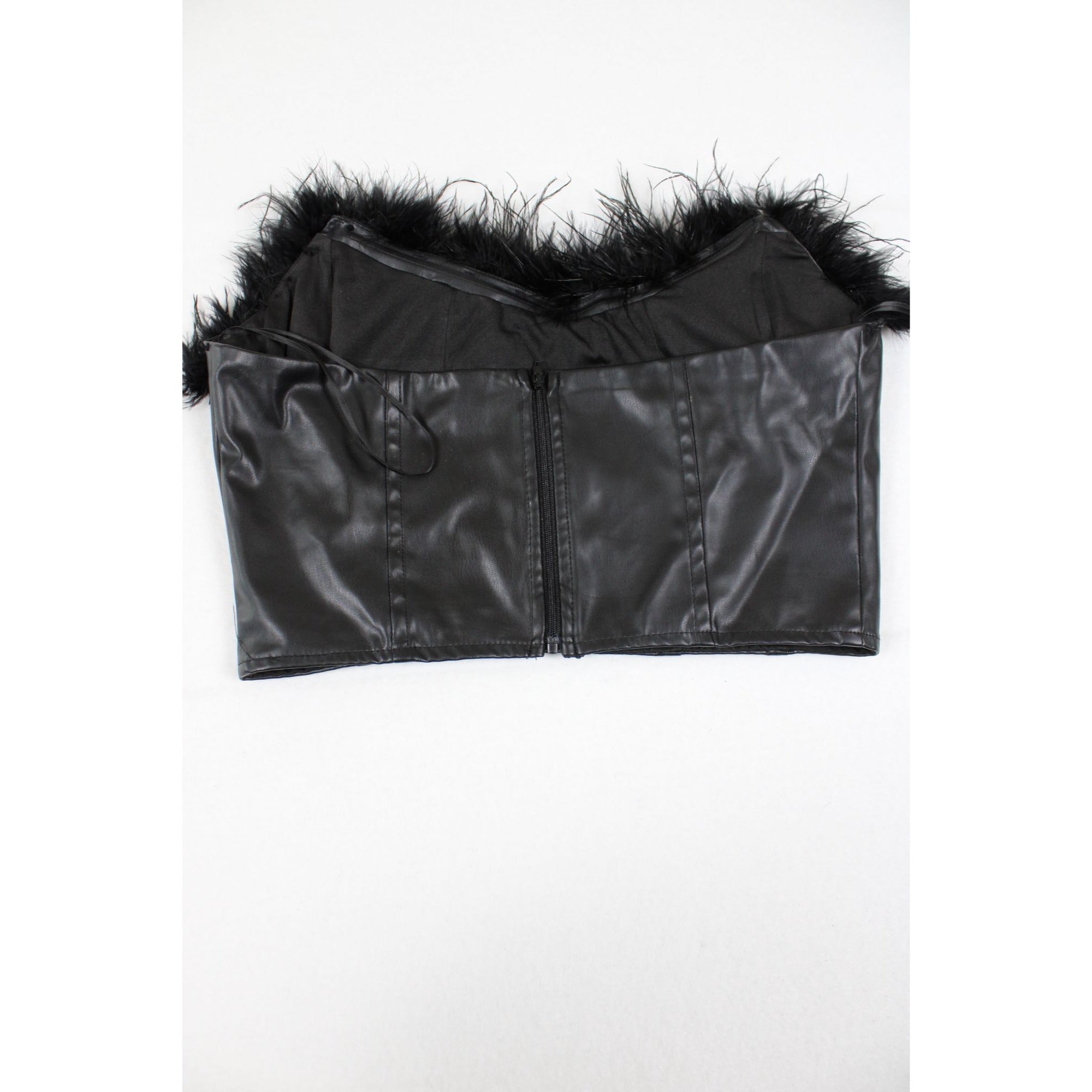 Black Faux Leather Feather Trim Strapless Corset Top Size M