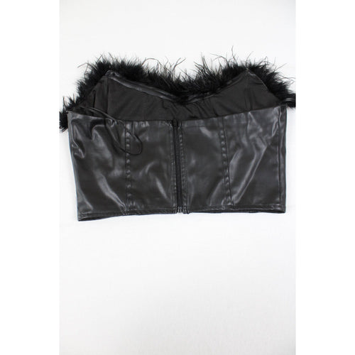 Black Faux Leather Feather Trim Strapless Corset Top Size M