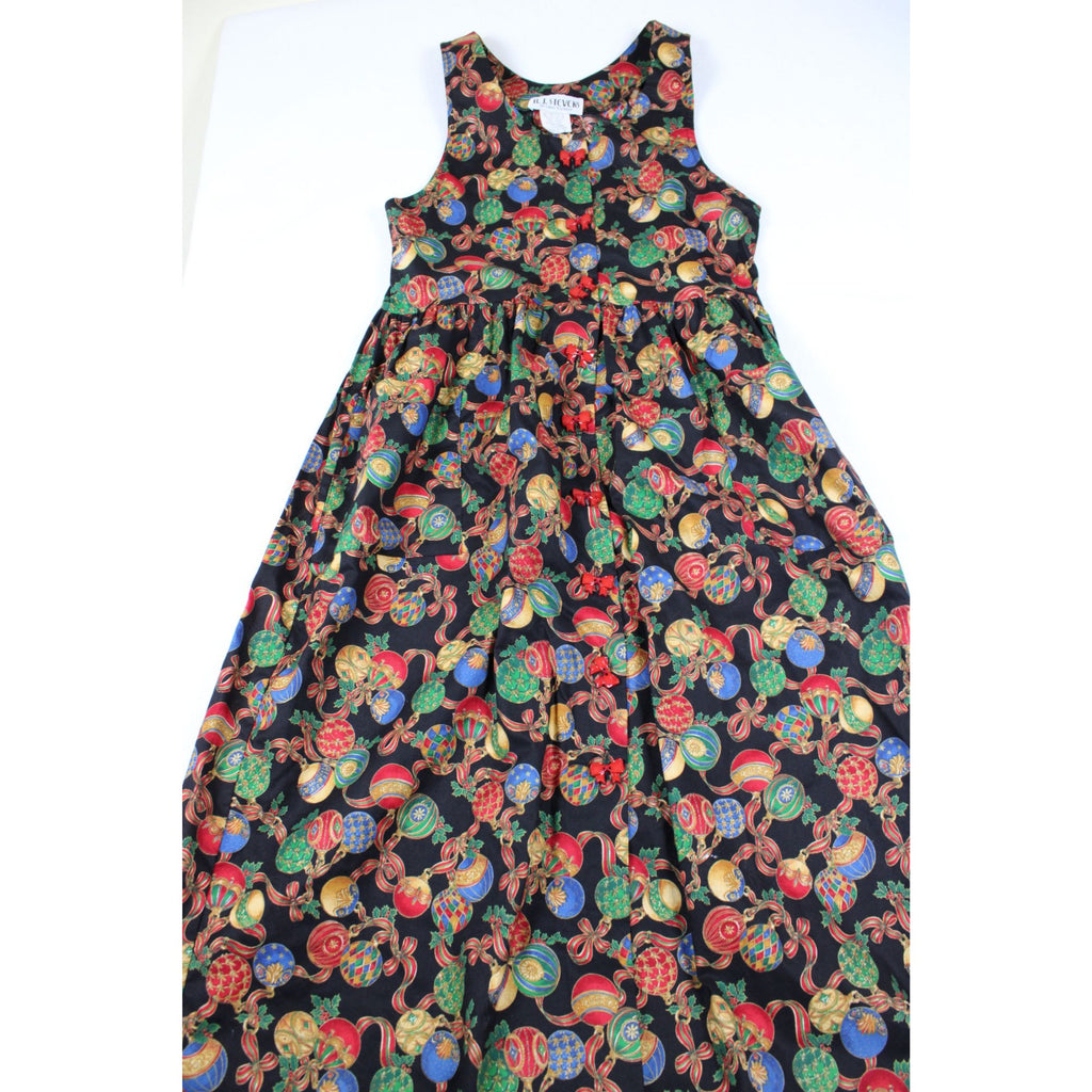 R.J. Stevens Festive Holiday Maxi Dress Ornament Print Red Bow Accents Sleeveless