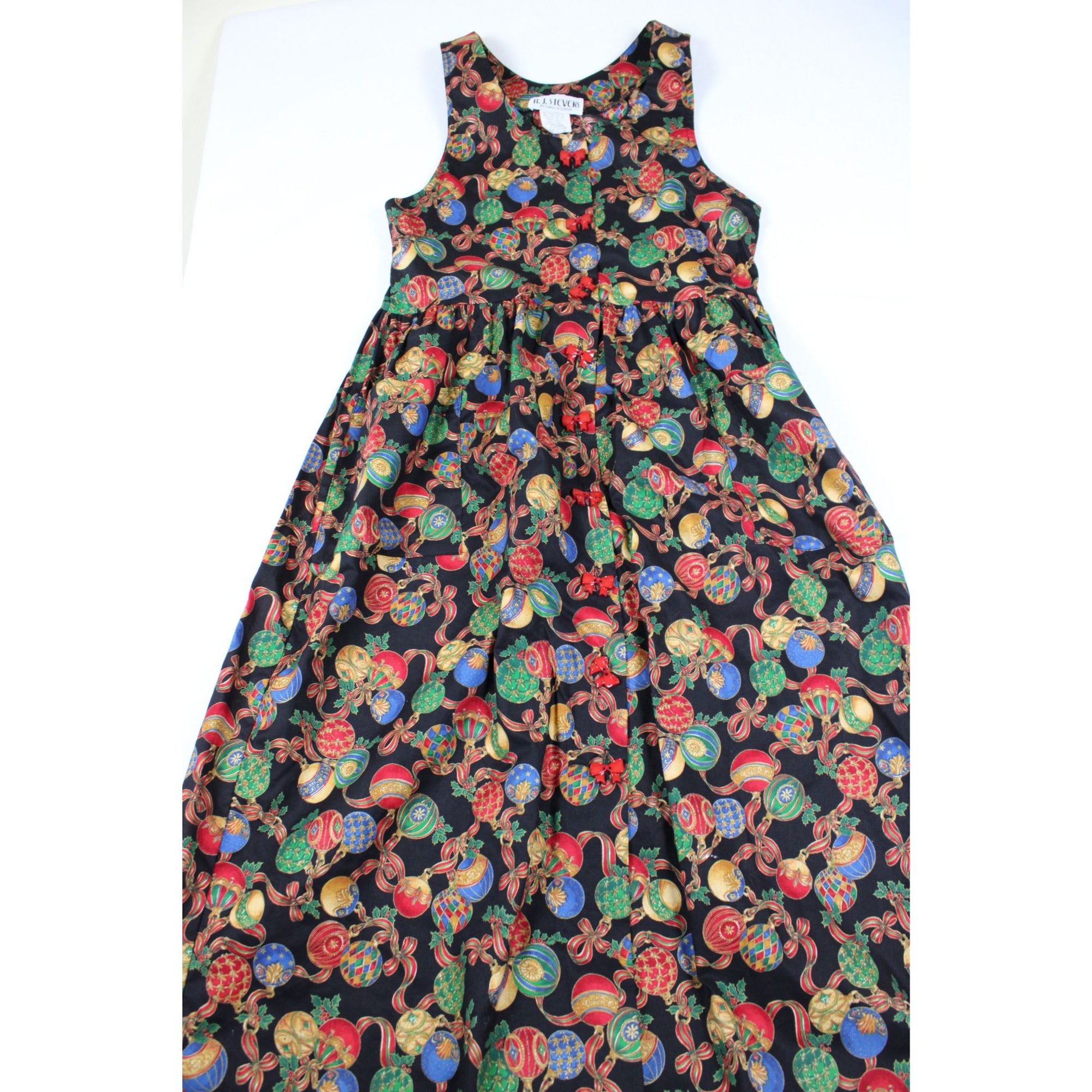 R.J. Stevens Festive Holiday Maxi Dress Ornament Print Red Bow Accents Sleeveless