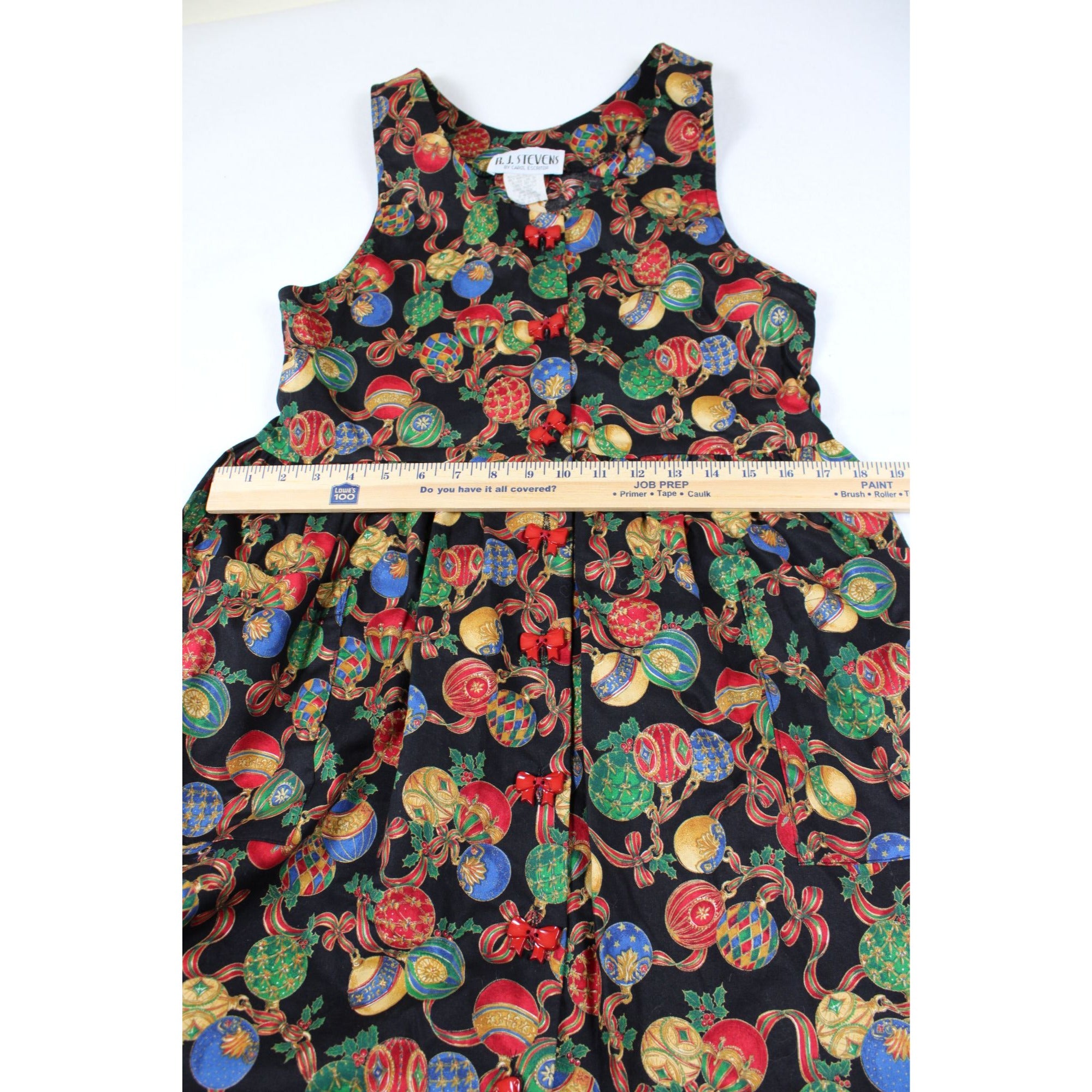 R.J. Stevens Festive Holiday Maxi Dress Ornament Print Red Bow Accents Sleeveless