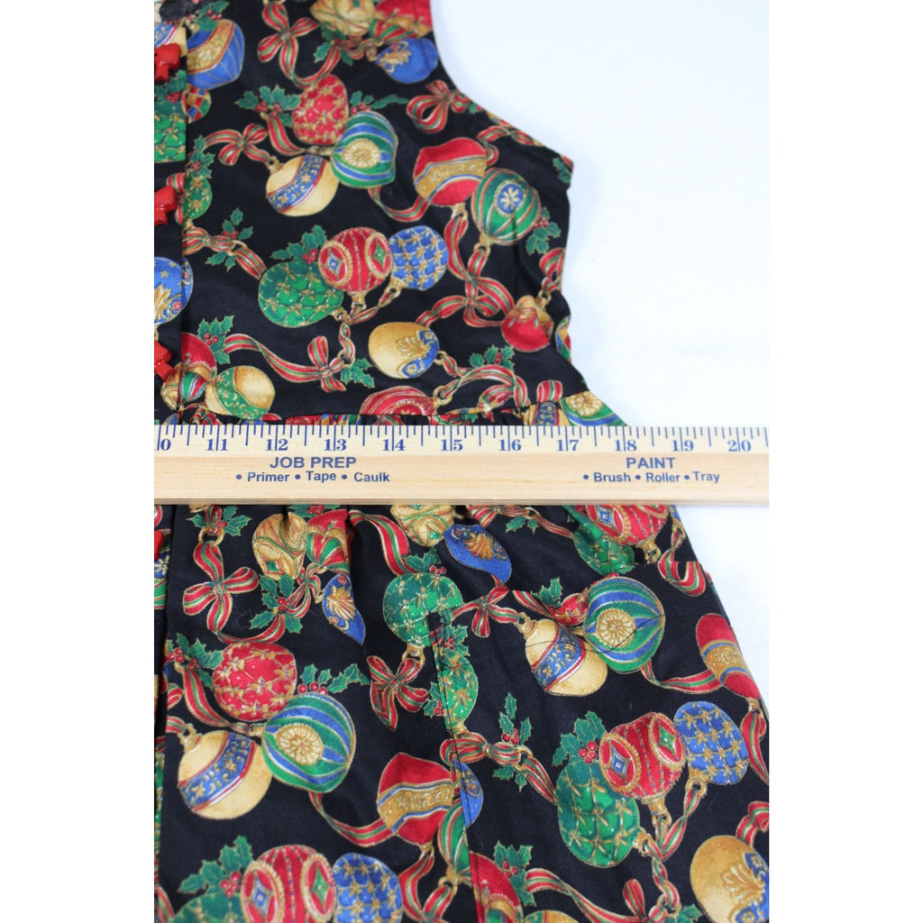 R.J. Stevens Festive Holiday Maxi Dress Ornament Print Red Bow Accents Sleeveless