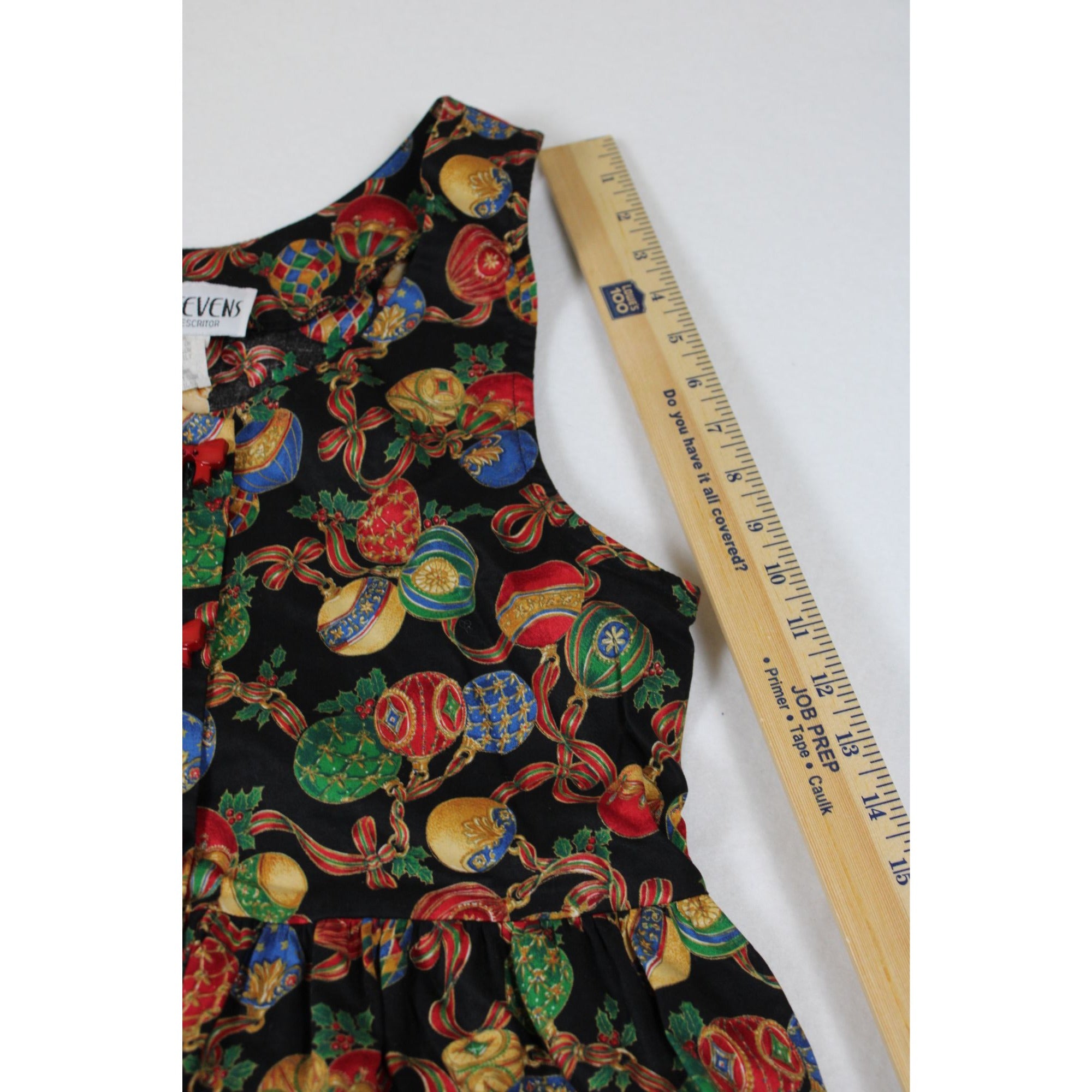 R.J. Stevens Festive Holiday Maxi Dress Ornament Print Red Bow Accents Sleeveless