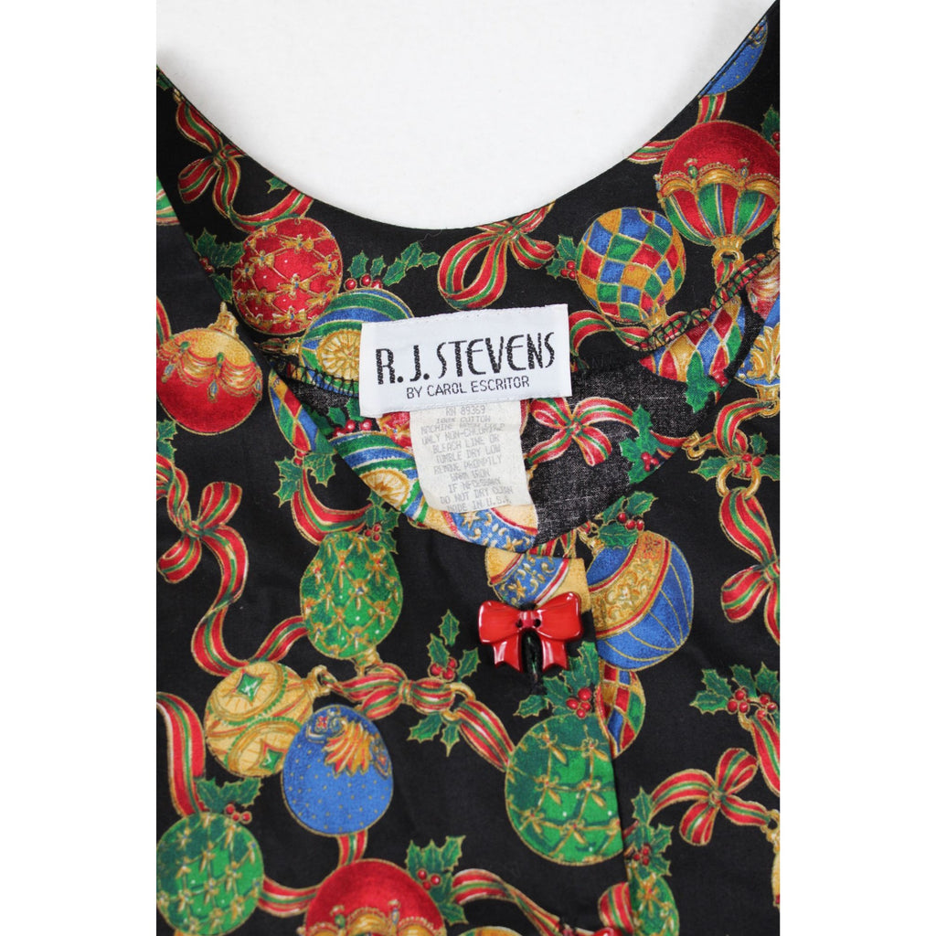 R.J. Stevens Festive Holiday Maxi Dress Ornament Print Red Bow Accents Sleeveless