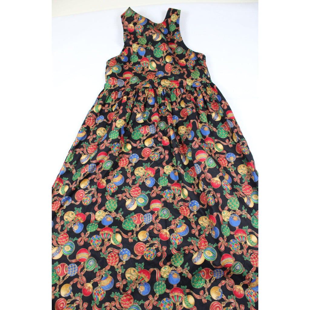 R.J. Stevens Festive Holiday Maxi Dress Ornament Print Red Bow Accents Sleeveless