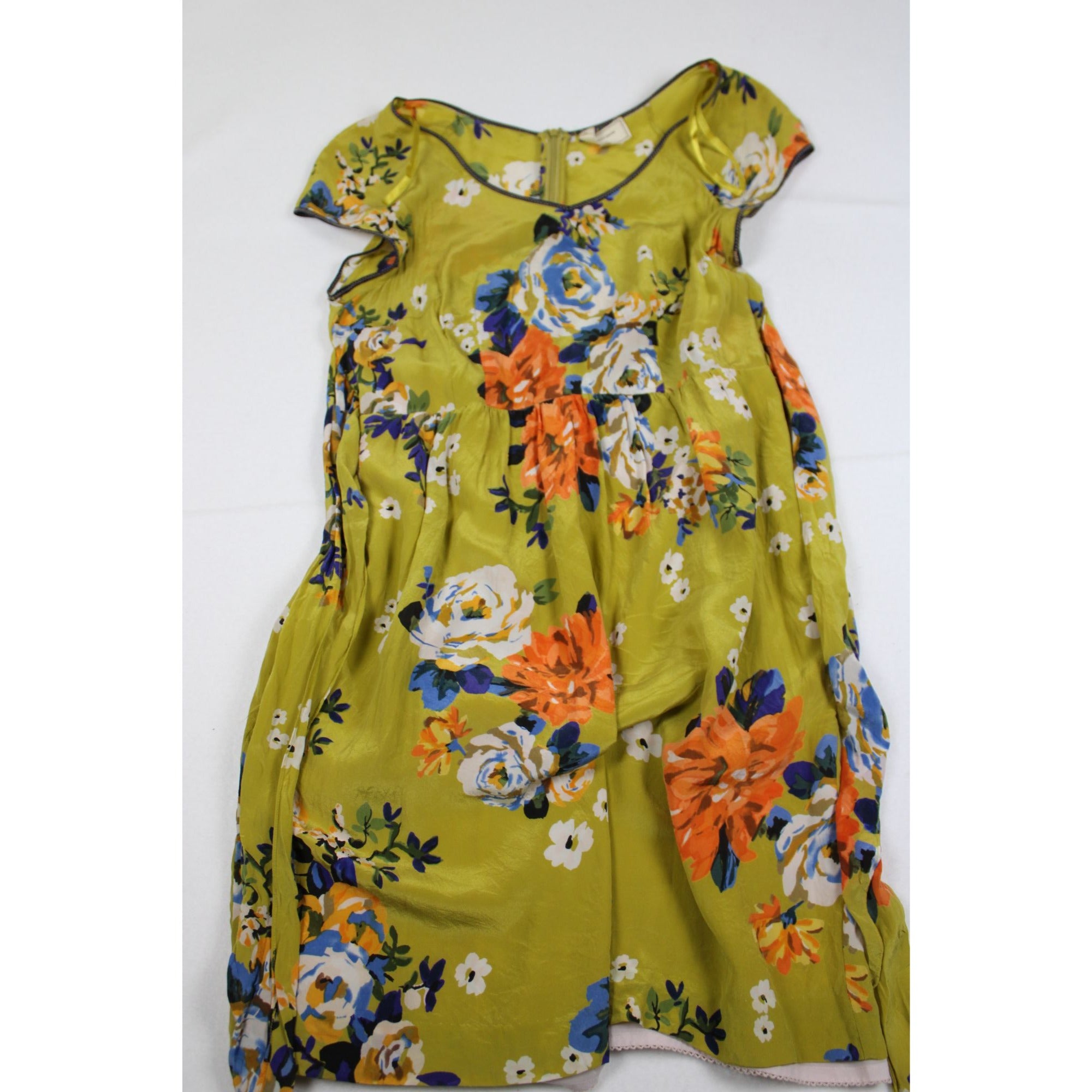 Anthropologie Moulinette Soeurs Chartreuse Floral Dress — Flutter Sleeve, Sz 12