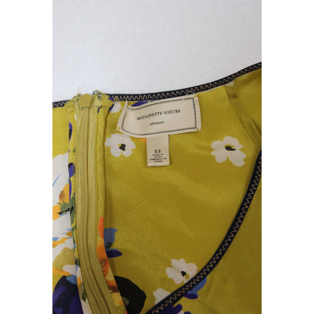 Anthropologie Moulinette Soeurs Chartreuse Floral Dress — Flutter Sleeve, Sz 12