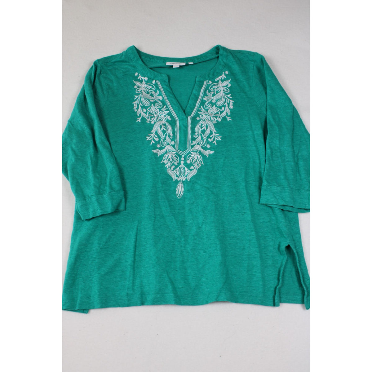 Chicos Embroidered Green Tunic Top With 3/4 Sleeves Size L
