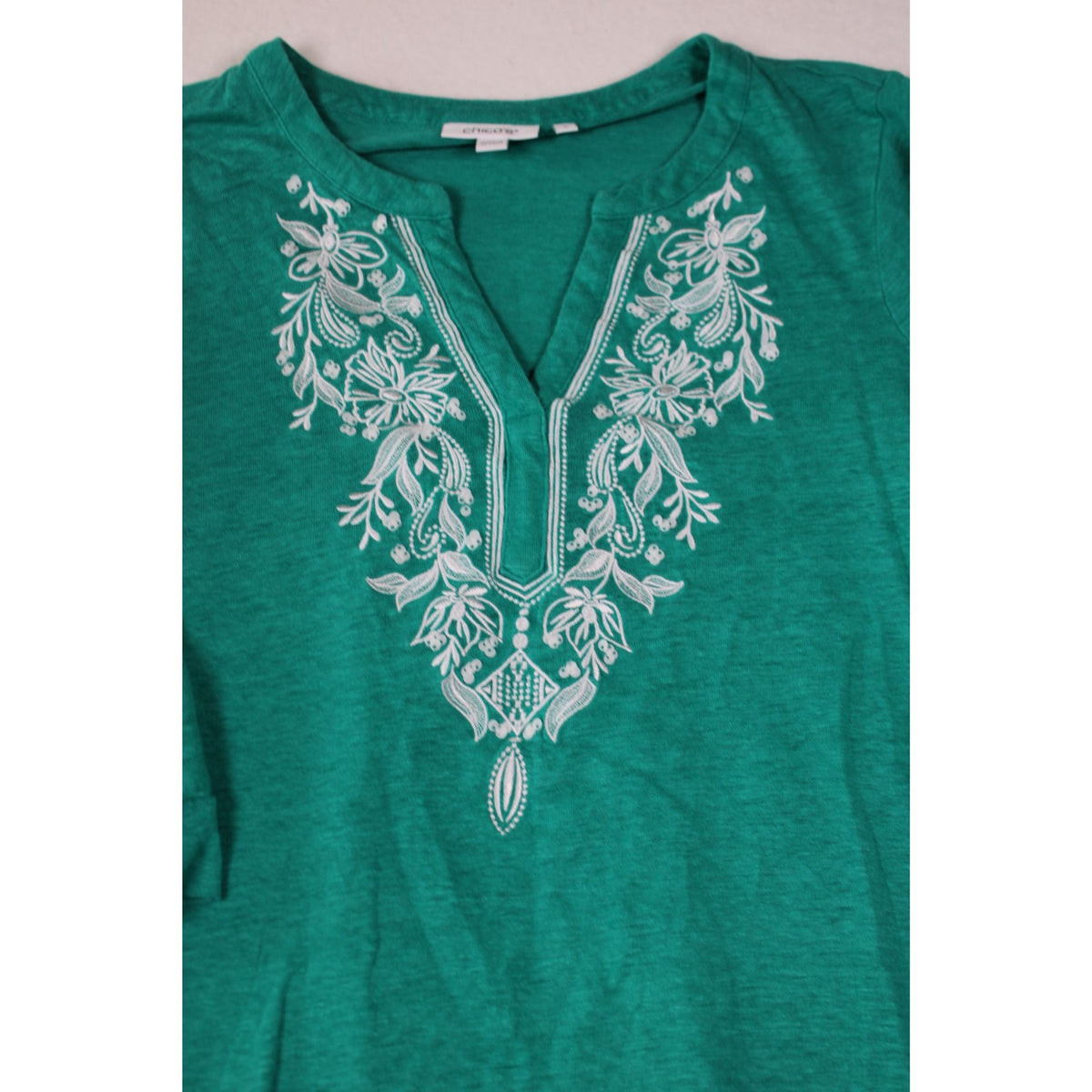 Chicos Embroidered Green Tunic Top With 3/4 Sleeves Size L