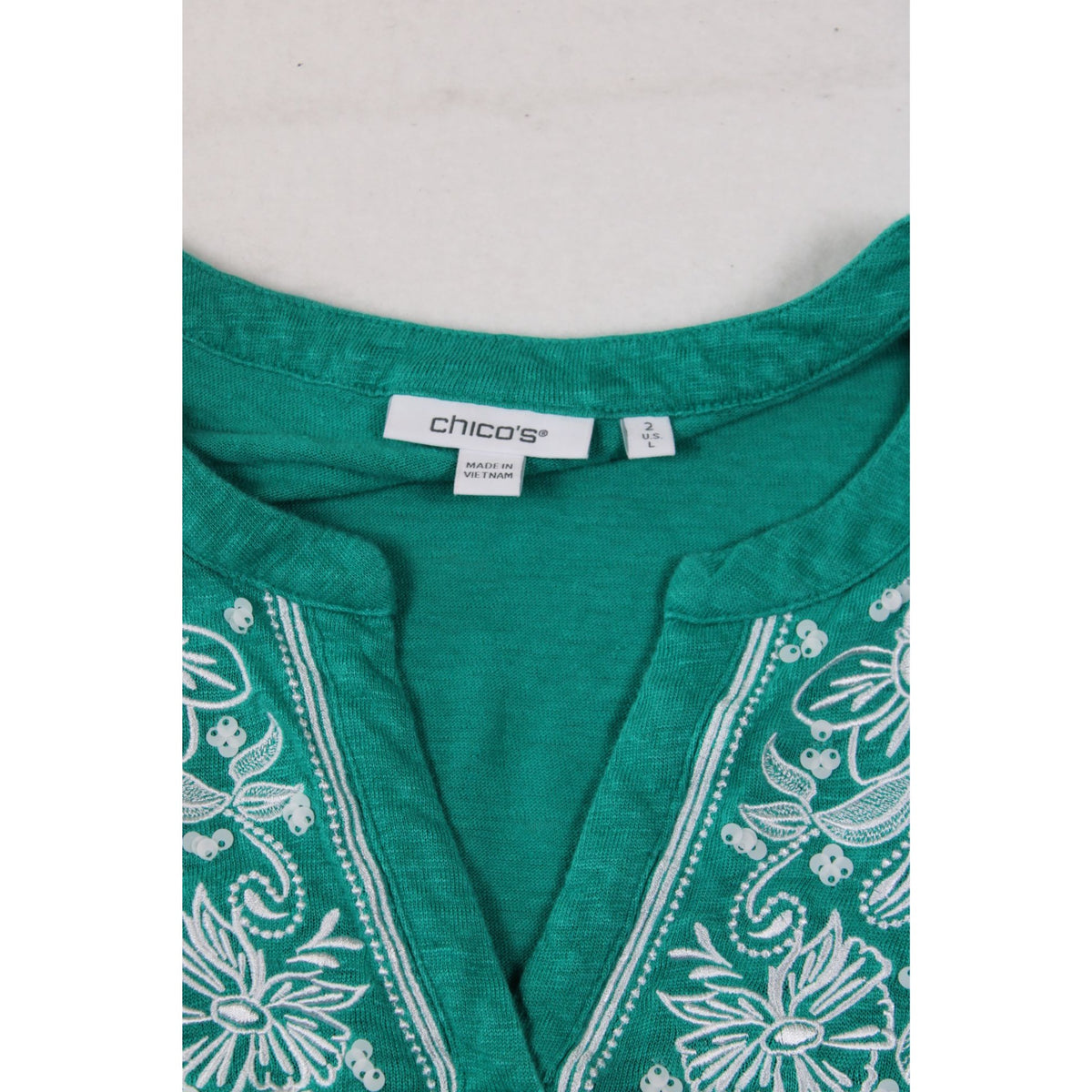 Chicos Embroidered Green Tunic Top With 3/4 Sleeves Size L