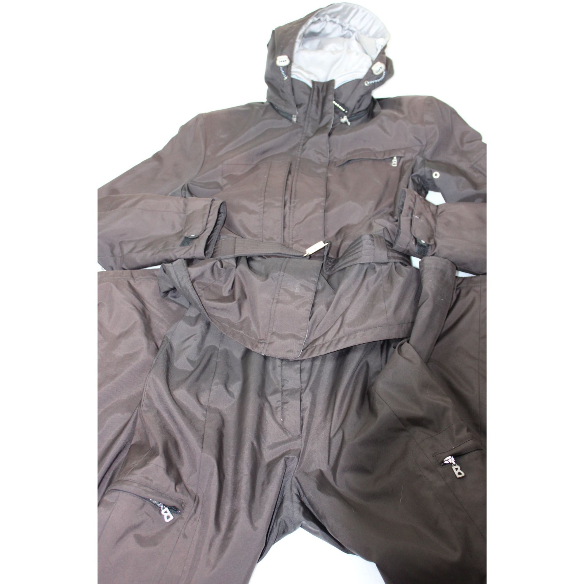 Vintage Bogner Sport Ski Jacket | Brown & Black Colorblock | Women's Long 8 | Belted Waist, Removable Hood