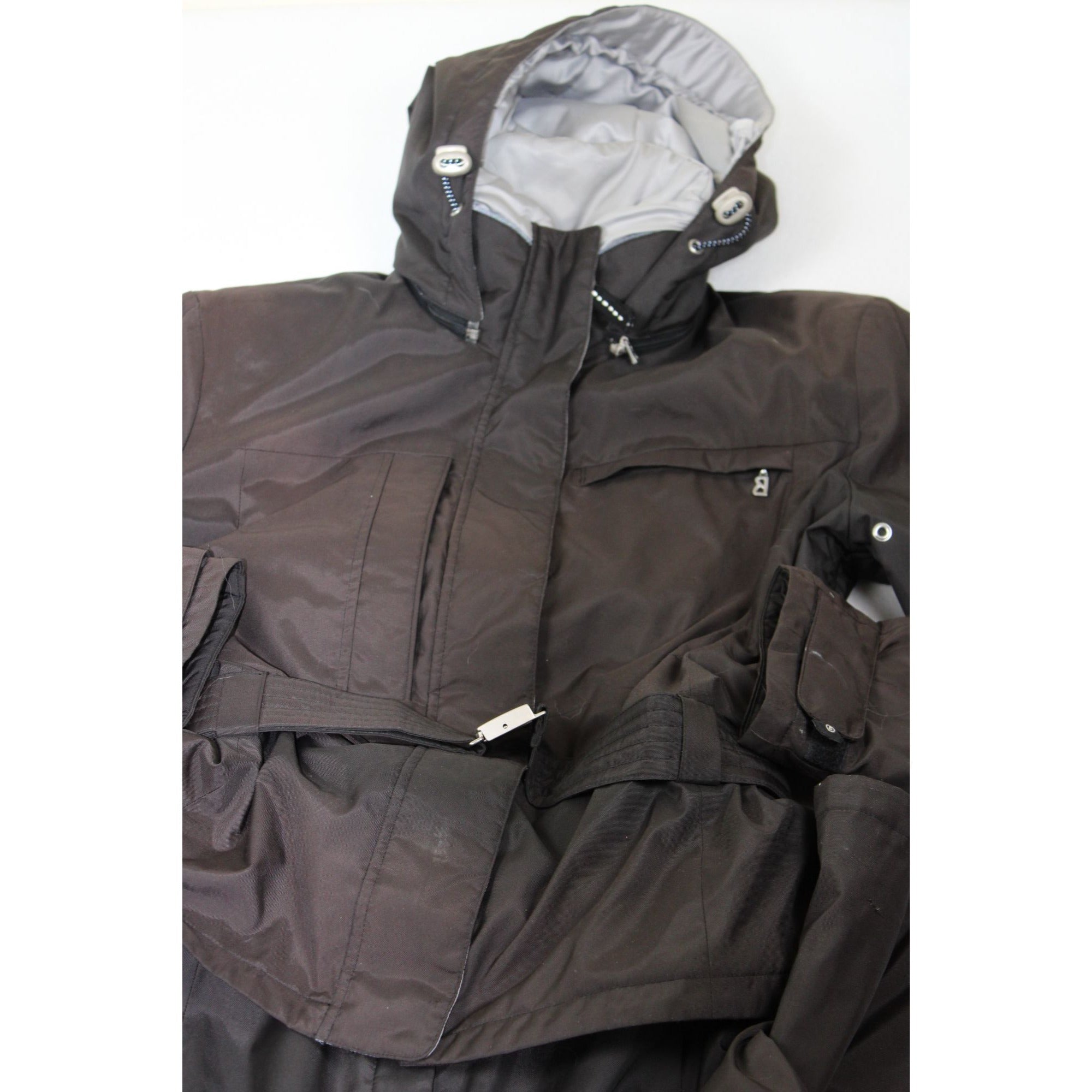 Vintage Bogner Sport Ski Jacket | Brown & Black Colorblock | Women's Long 8 | Belted Waist, Removable Hood