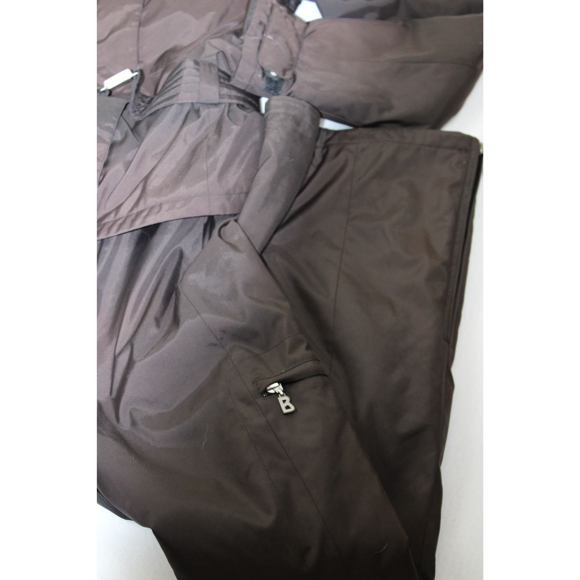 Vintage Bogner Sport Ski Jacket | Brown & Black Colorblock | Women's Long 8 | Belted Waist, Removable Hood