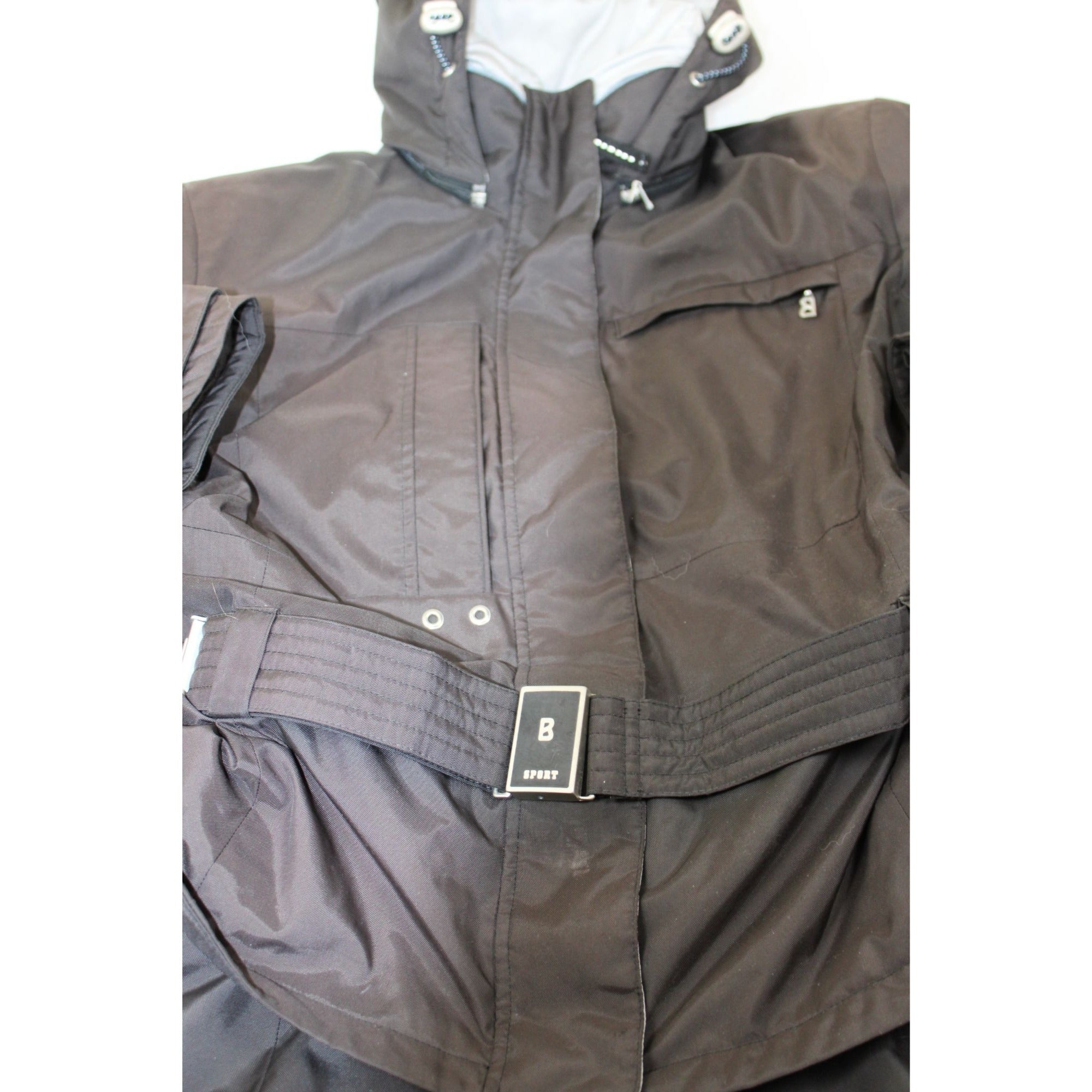 Vintage Bogner Sport Ski Jacket | Brown & Black Colorblock | Women's Long 8 | Belted Waist, Removable Hood