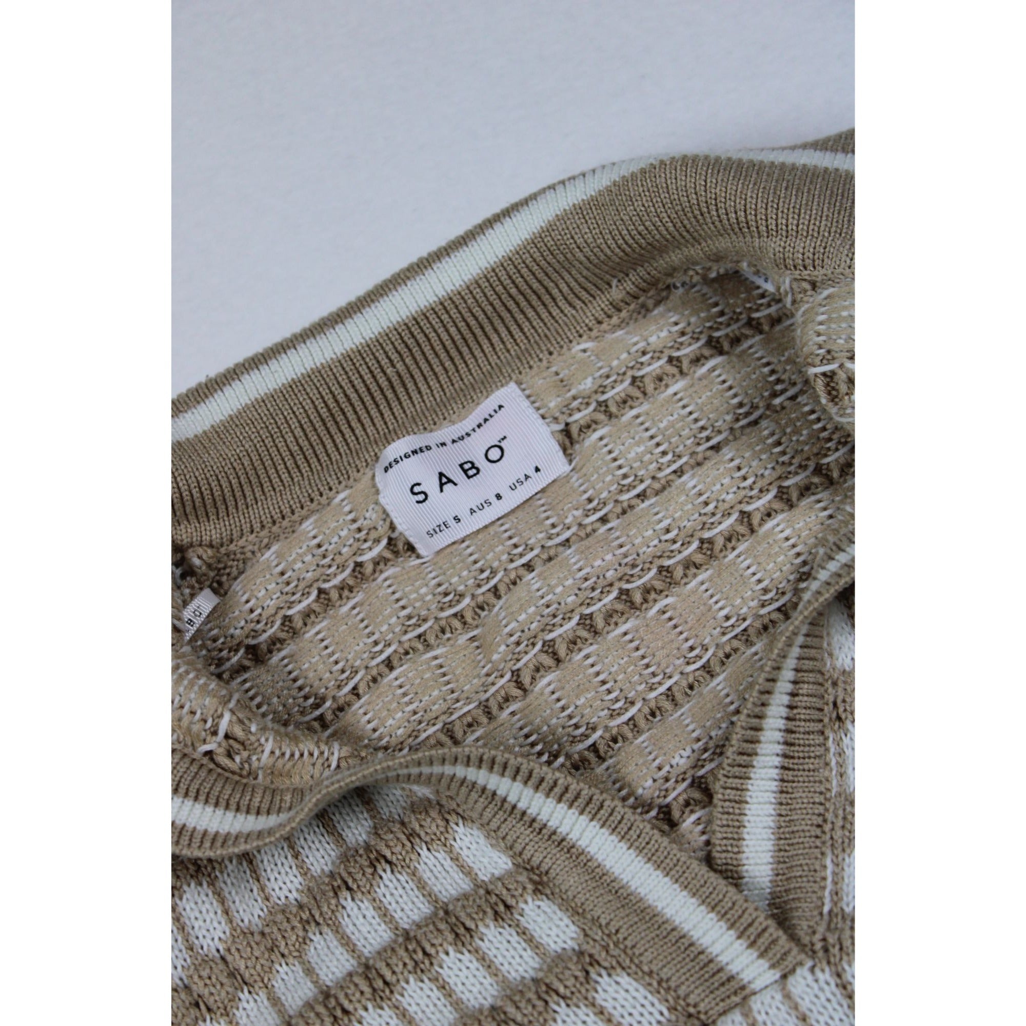 SABO Skirt Tan Cream Textured Knit Top Checkered Pointelle Australian Brand Size S US 4