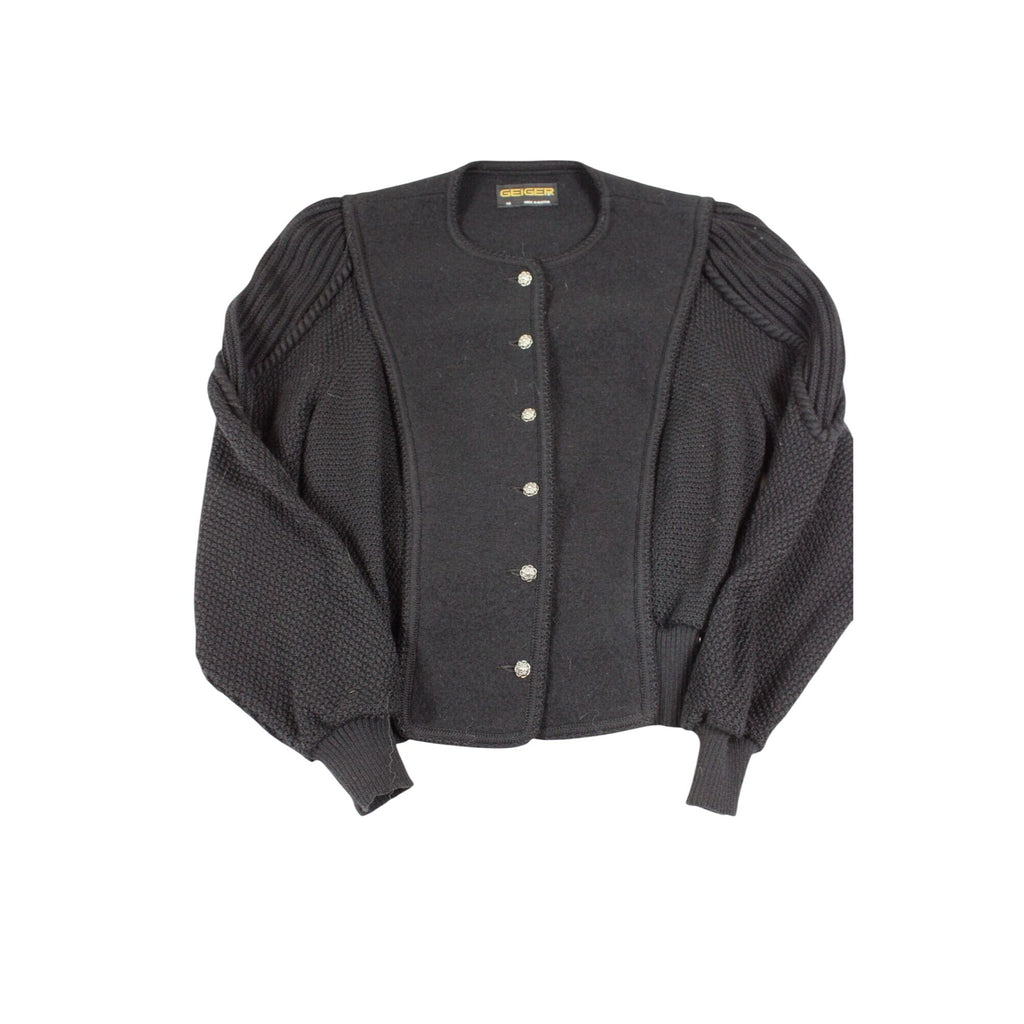 Geiger Black Wool-Blend Austrian Button Cardigan With Textured Knit Sleeves - Womens Size 46