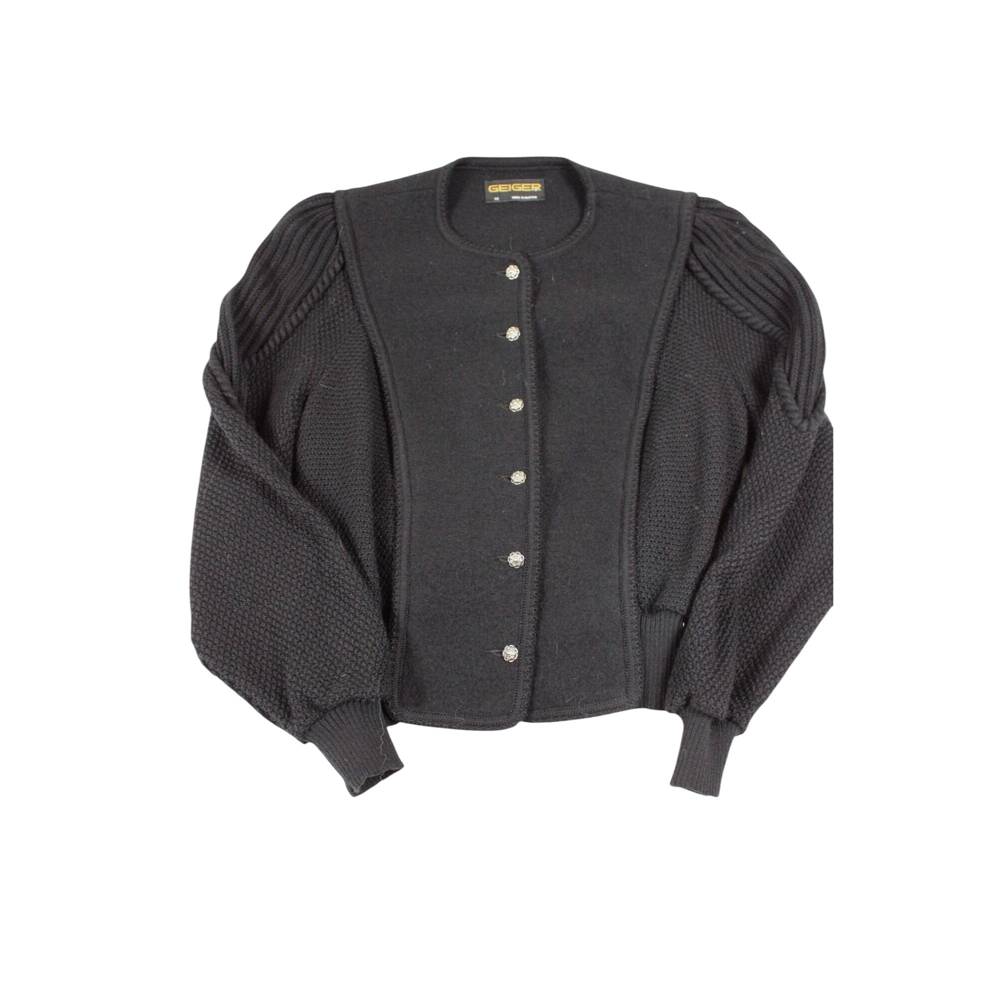 Geiger Black Wool-Blend Austrian Button Cardigan With Textured Knit Sleeves - Womens Size 46