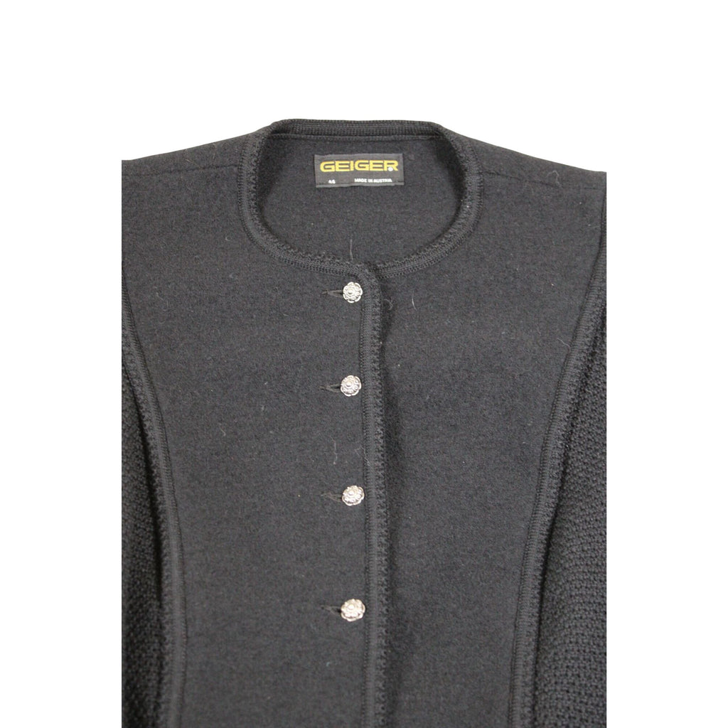 Geiger Black Wool-Blend Austrian Button Cardigan With Textured Knit Sleeves - Womens Size 46