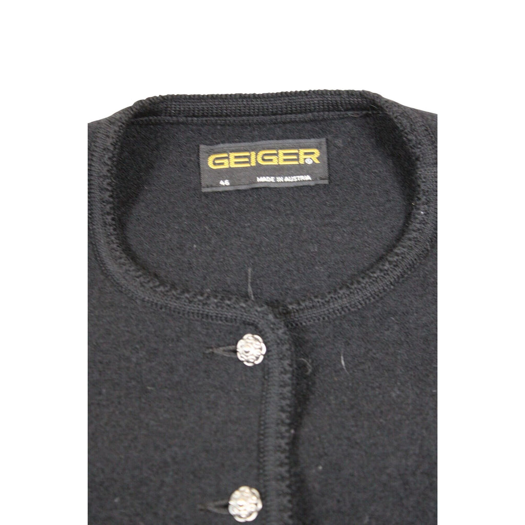 Geiger Black Wool-Blend Austrian Button Cardigan With Textured Knit Sleeves - Womens Size 46