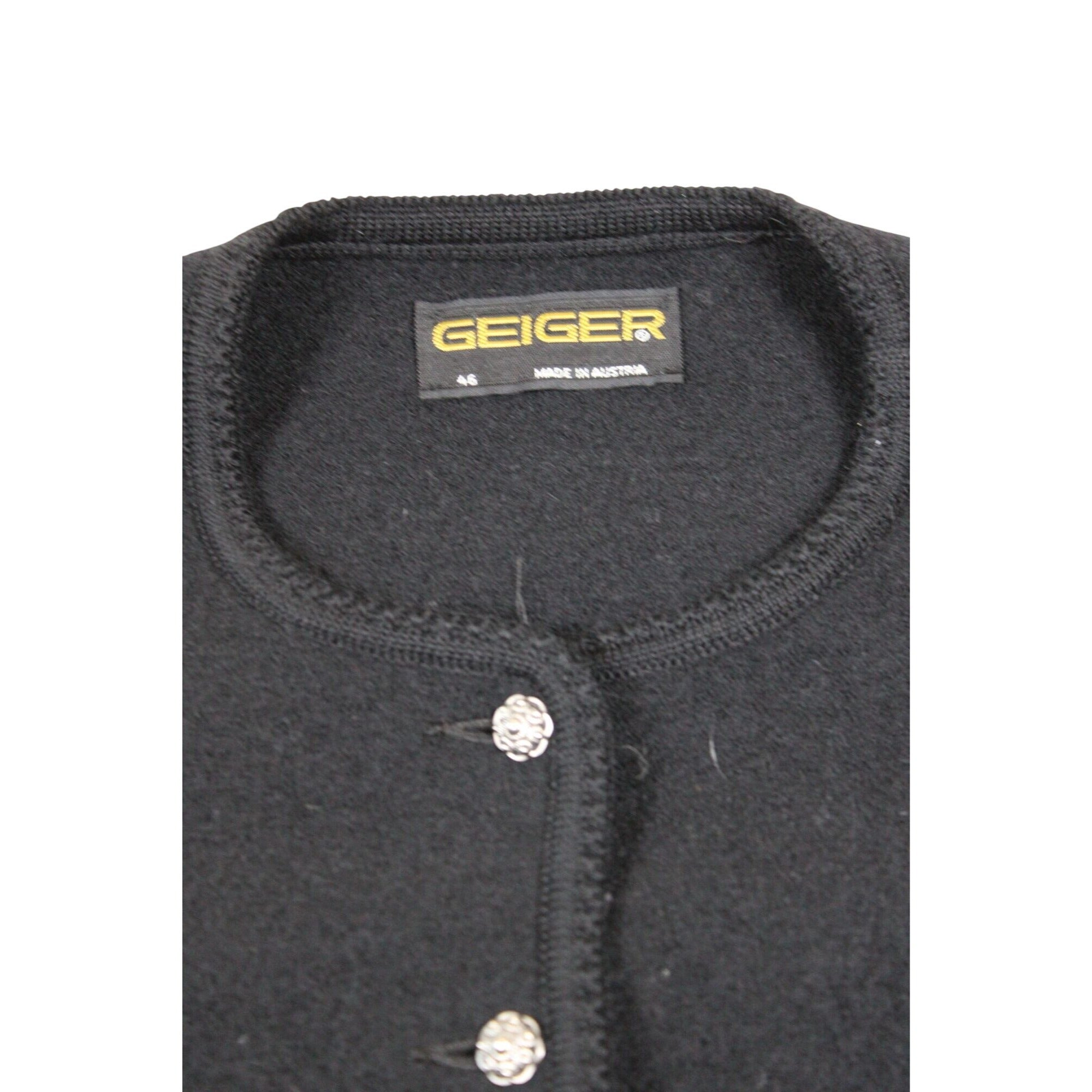 Geiger Black Wool-Blend Austrian Button Cardigan With Textured Knit Sleeves - Womens Size 46
