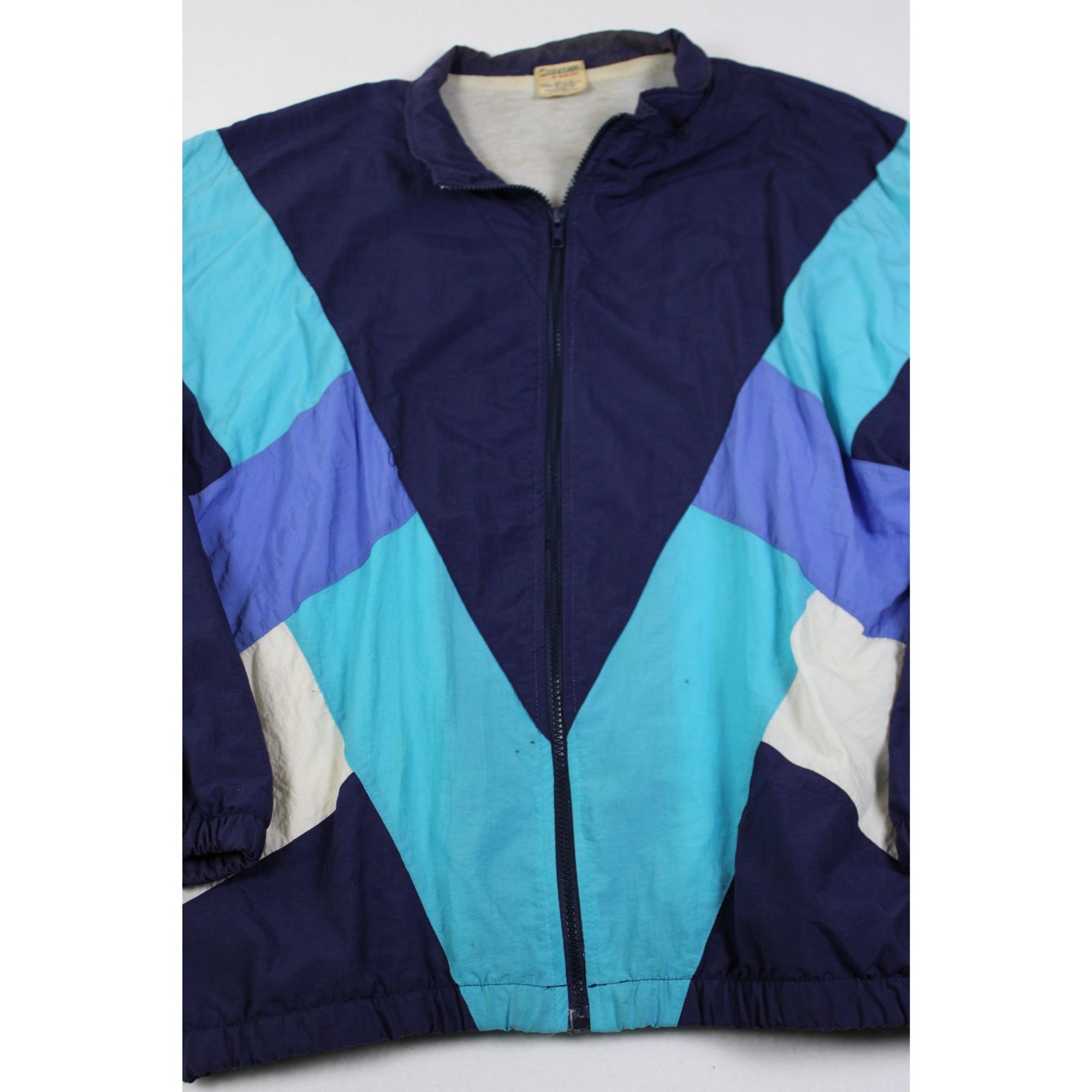 Vintage Mens Chevignon Windbreaker Jacket Colorblock Design Full-Zip Elastic Cuffs Lightweight Nylon Lined Made In Hong Kong
