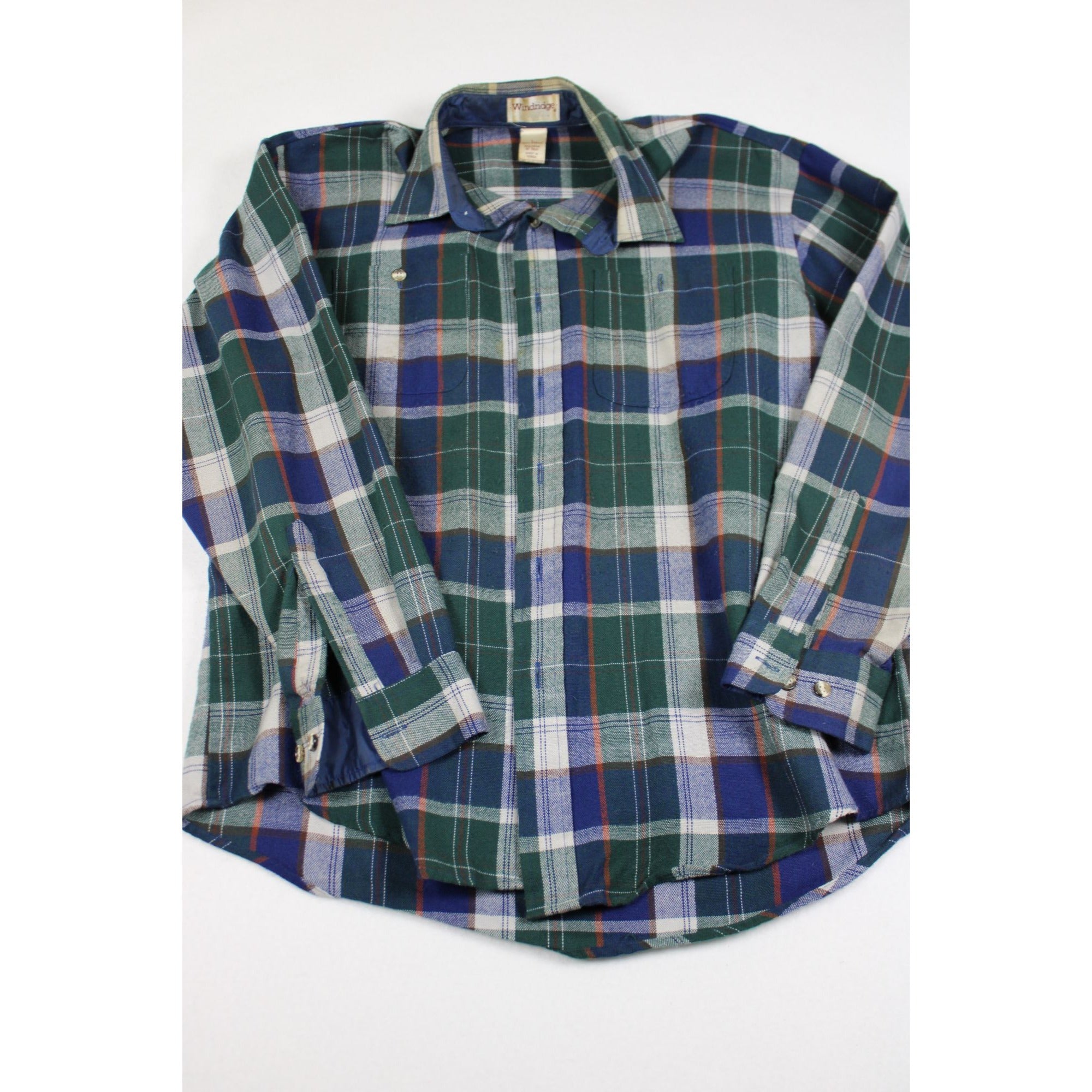 Vintage 90s Windridge Plaid Flannel-Style Shirt — Green & Navy Tartan, Men's L