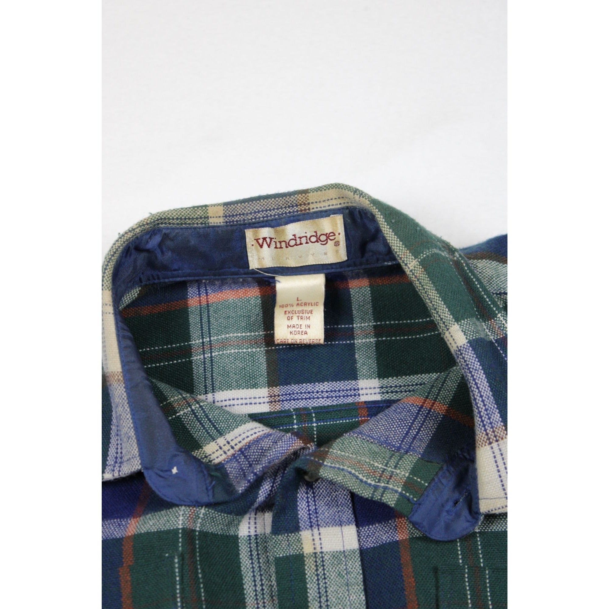 Vintage 90s Windridge Plaid Flannel-Style Shirt — Green & Navy Tartan, Men's L
