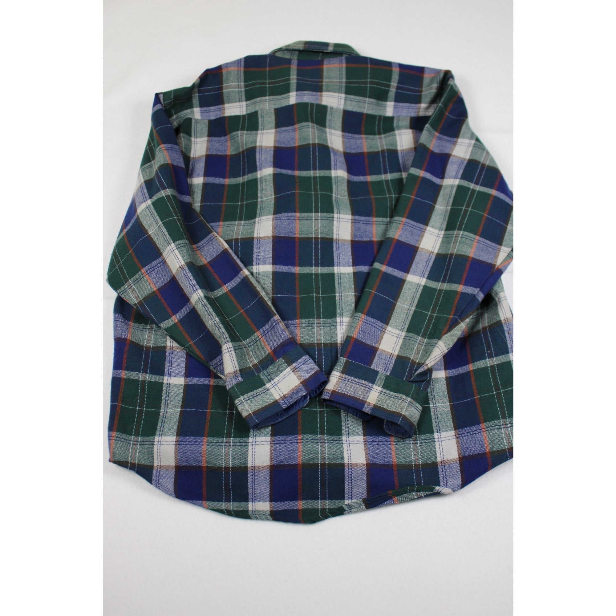 Vintage 90s Windridge Plaid Flannel-Style Shirt — Green & Navy Tartan, Men's L