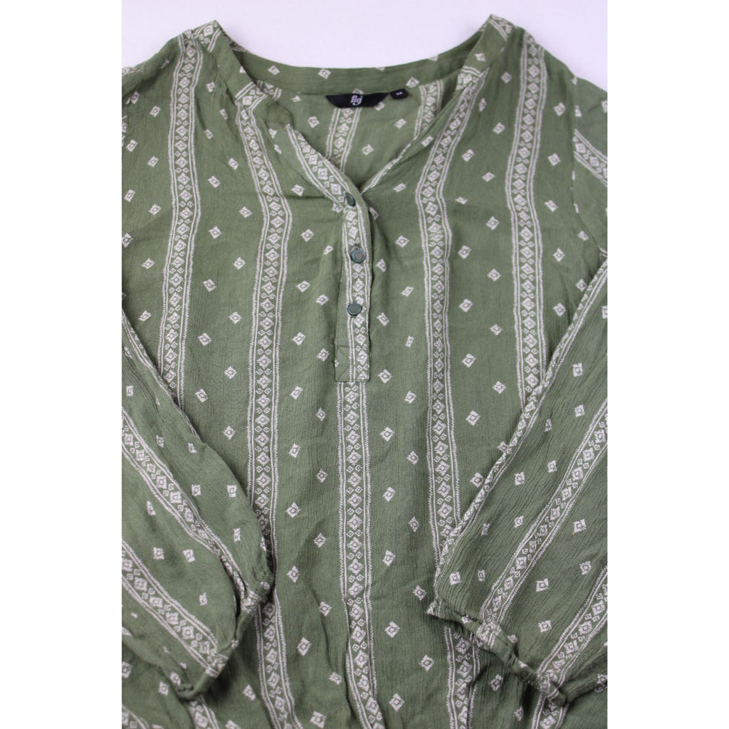 Green Boho Long Sleeve Blouse With Button-Front Detail & Geometric Print